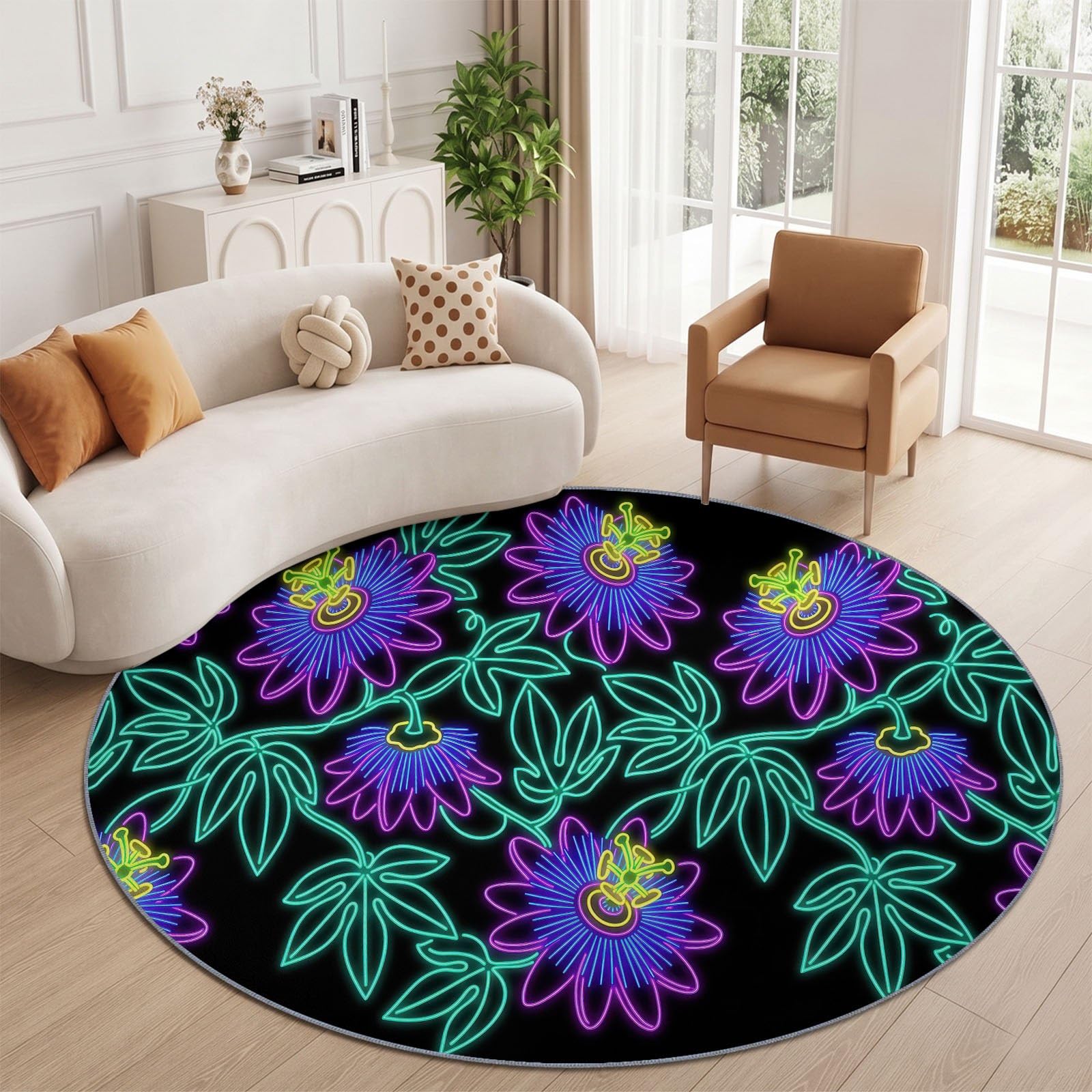 Tapis Rond Moderne Tropical 120 cm, Fleurs Feuilles Passiflore Néon Lavable en Machine pour Salon, Noir Multicolore Antidérapant, Poil Court Tapis Rond Imprimé pour Chambre d’Enfant Nurserie