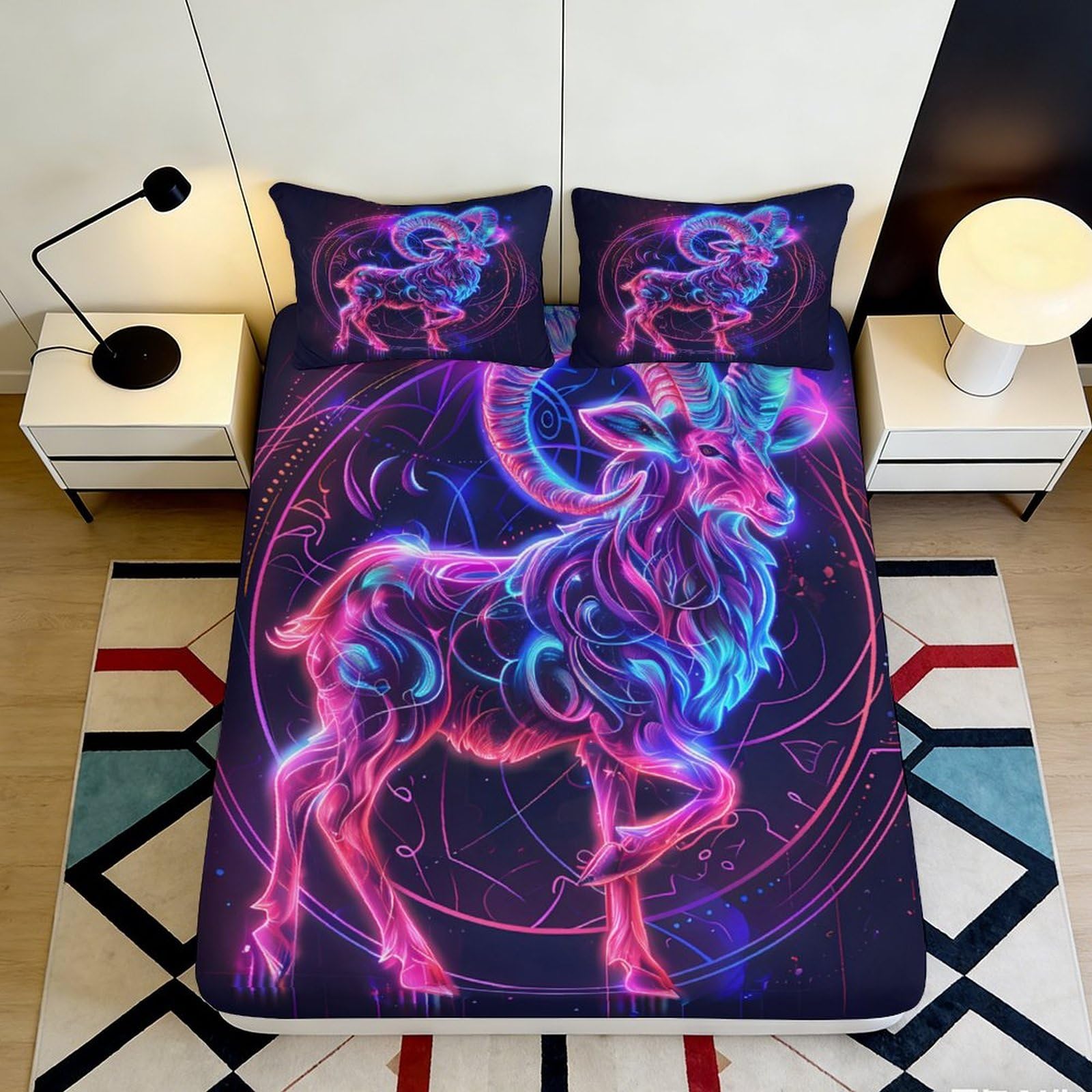 Jqzkxnhpbr Style-9 3D Printed Neon Ram Fitted Sheet Microfiber Vibrant Purple Blue Zodiac Bed Cover For Bedroom Dorm Mattress Protection Decor 90X200x25cm