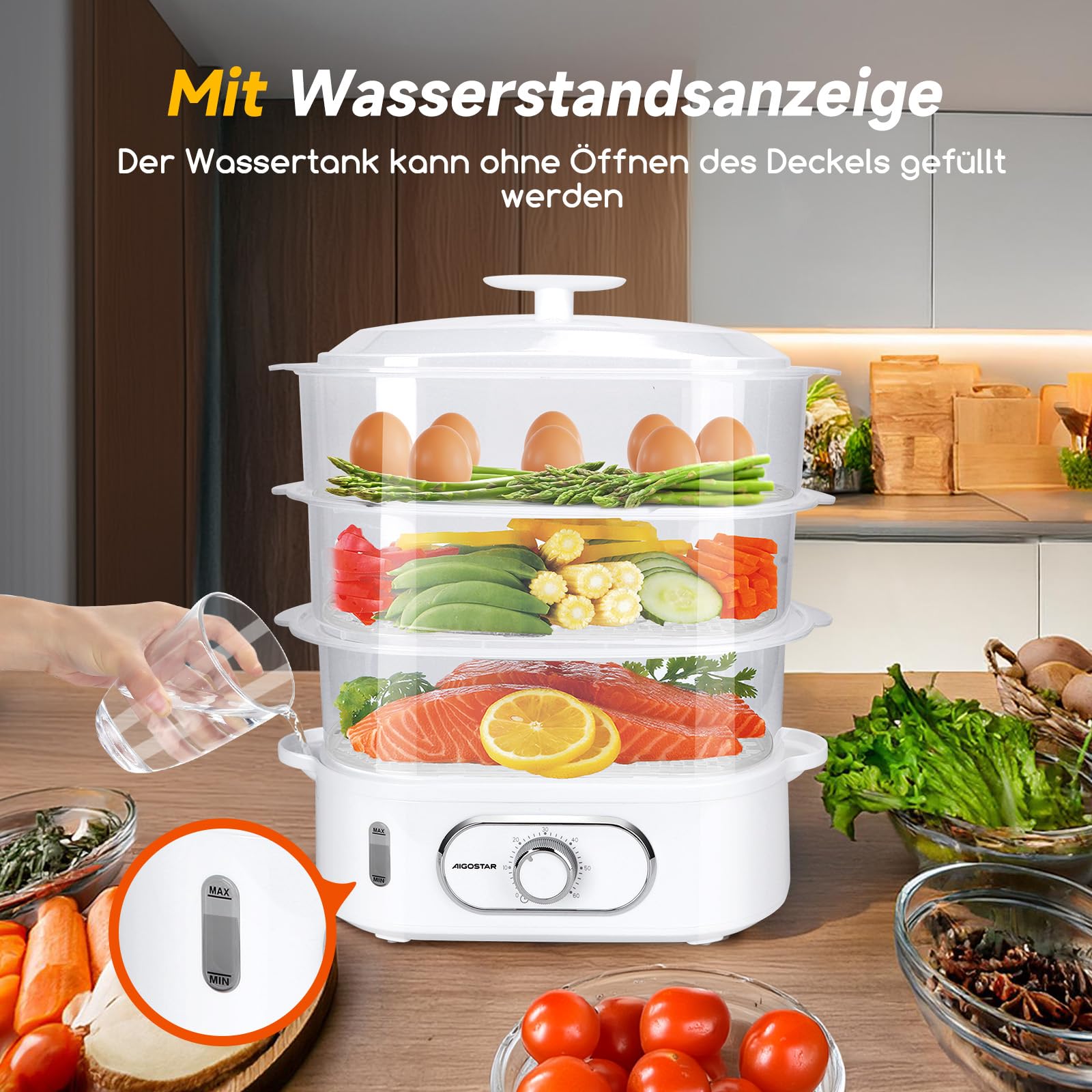 Aigostar Elektrischer Dampfgarer 12L mit Timer, Dampfgarer mit 3 stapelbaren Behältern, Reiskocher & Eierhalter, 60-Minuten-Timer, spülmaschinengeeignet 900 W weiß (Modell: Fitfoodiepro)