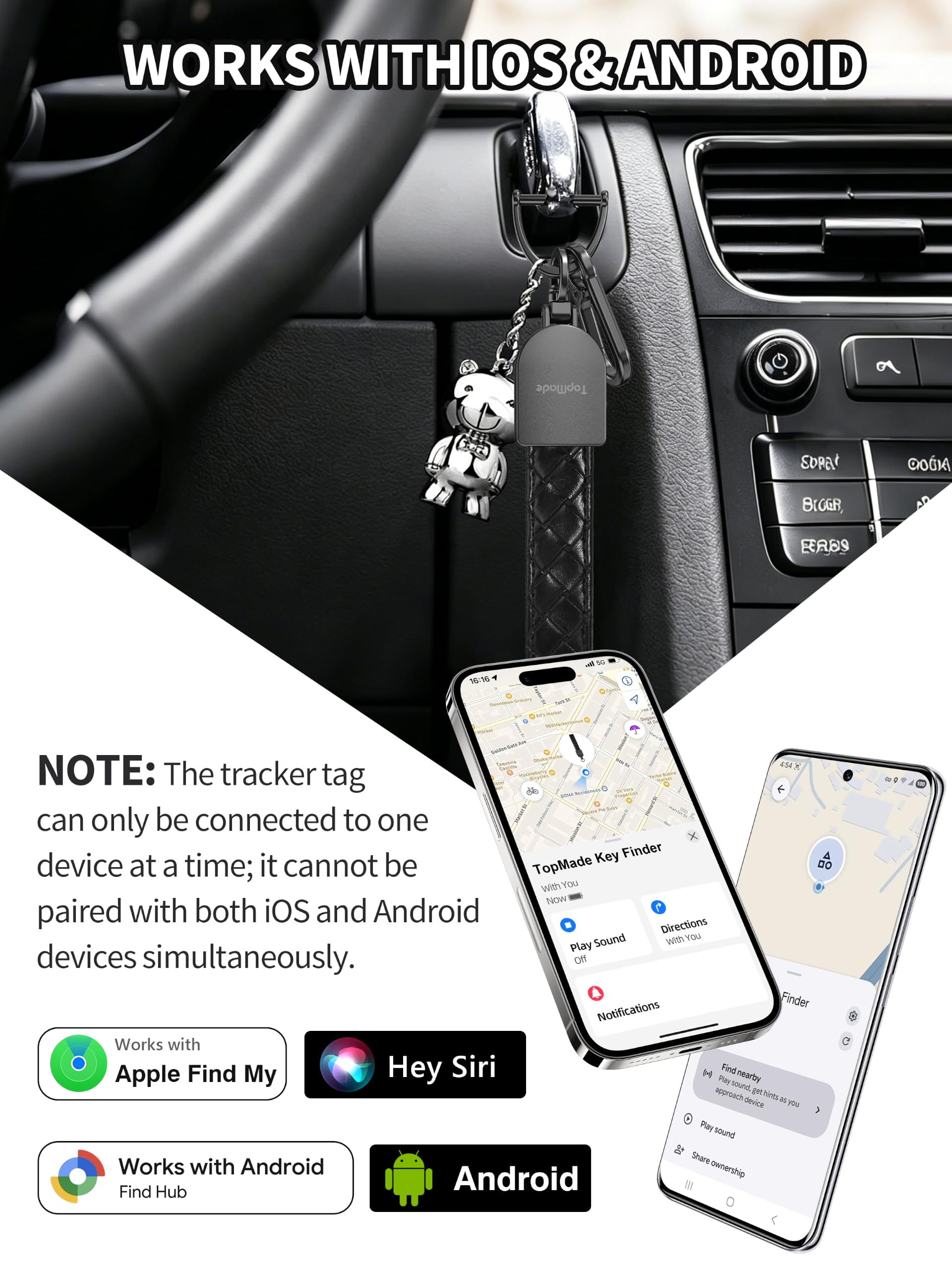 TopMade Porte-clés anti-perte, fonctionne avec Apple Find My et Google Find Hub, porte-clés de voiture en cuir de qualité supérieure, rechargeable, localisateur de clés Bluetooth, étanche IP67, noir