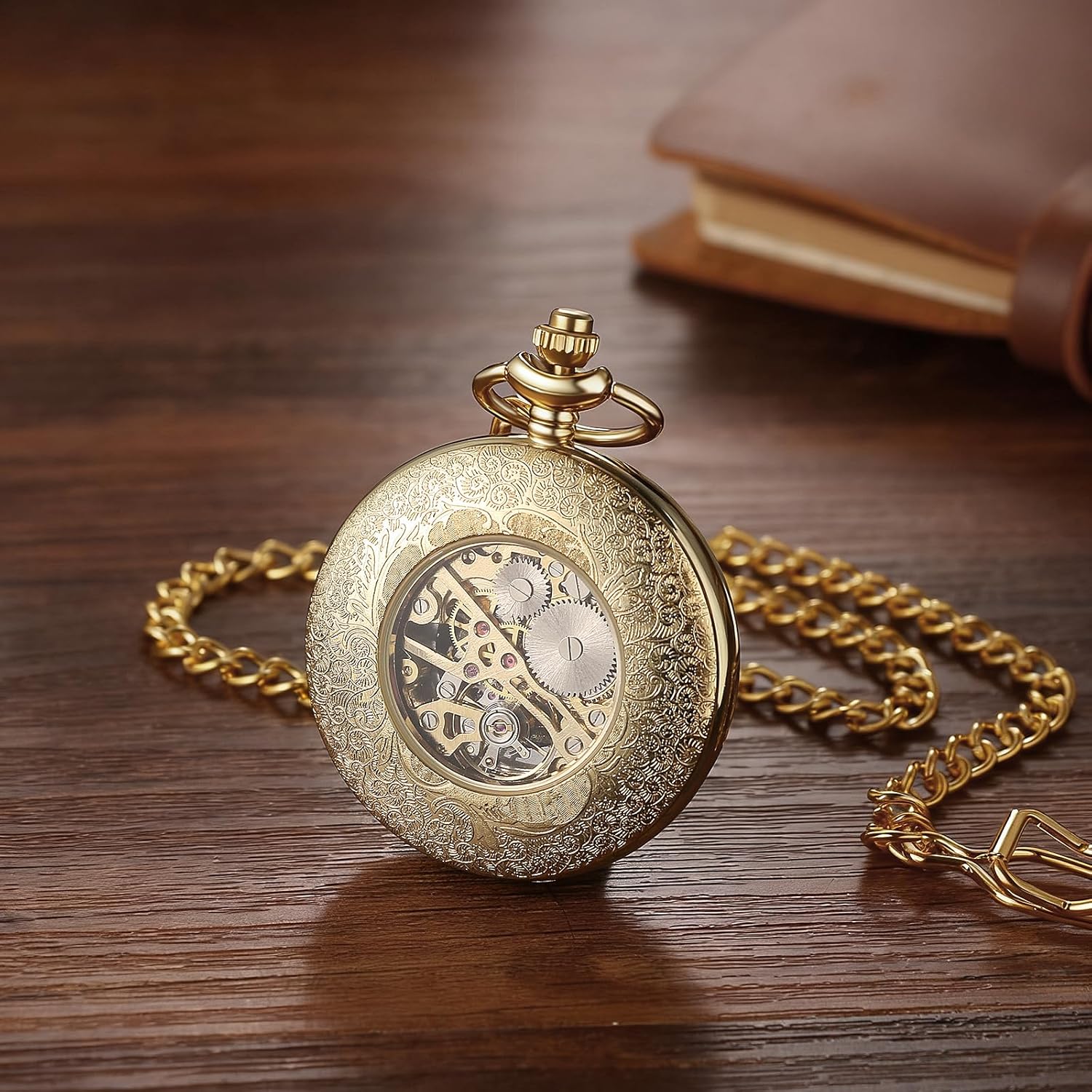 JewelryWe Automatic Mechanical Pocket Watch: Elegant Skeleton Spider Web Design Case with Roman Numerals Dial Self-Winding Analog Fob Watches with 14.96 Inch Waist Chain for Men