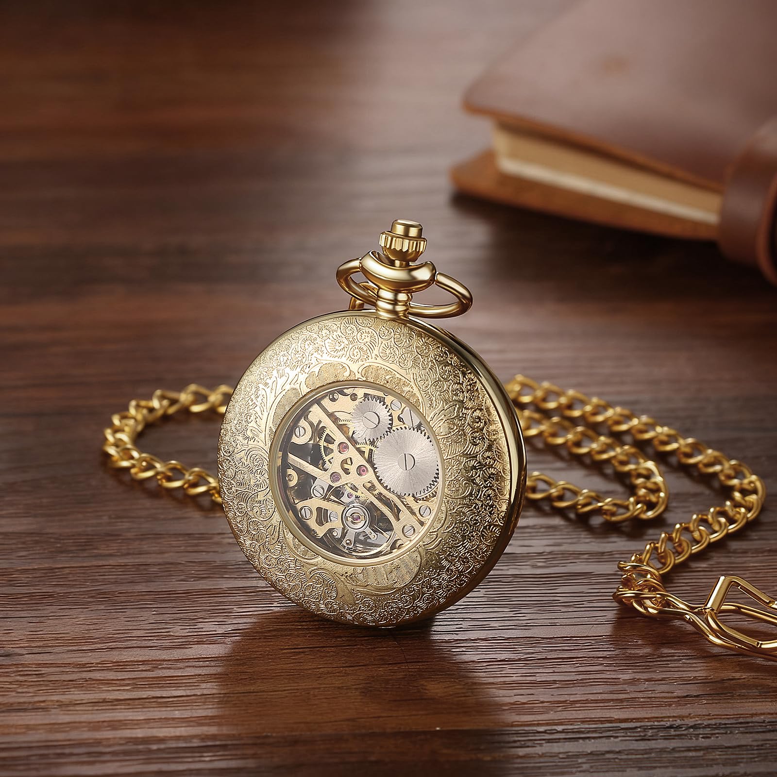 JewelryWe Orologio da taschino meccanico automatico: elegante design scheletro ragnatela cassa con numeri romani quadrante analogico a carica automatica con catena in vita da 37 cm per uomo