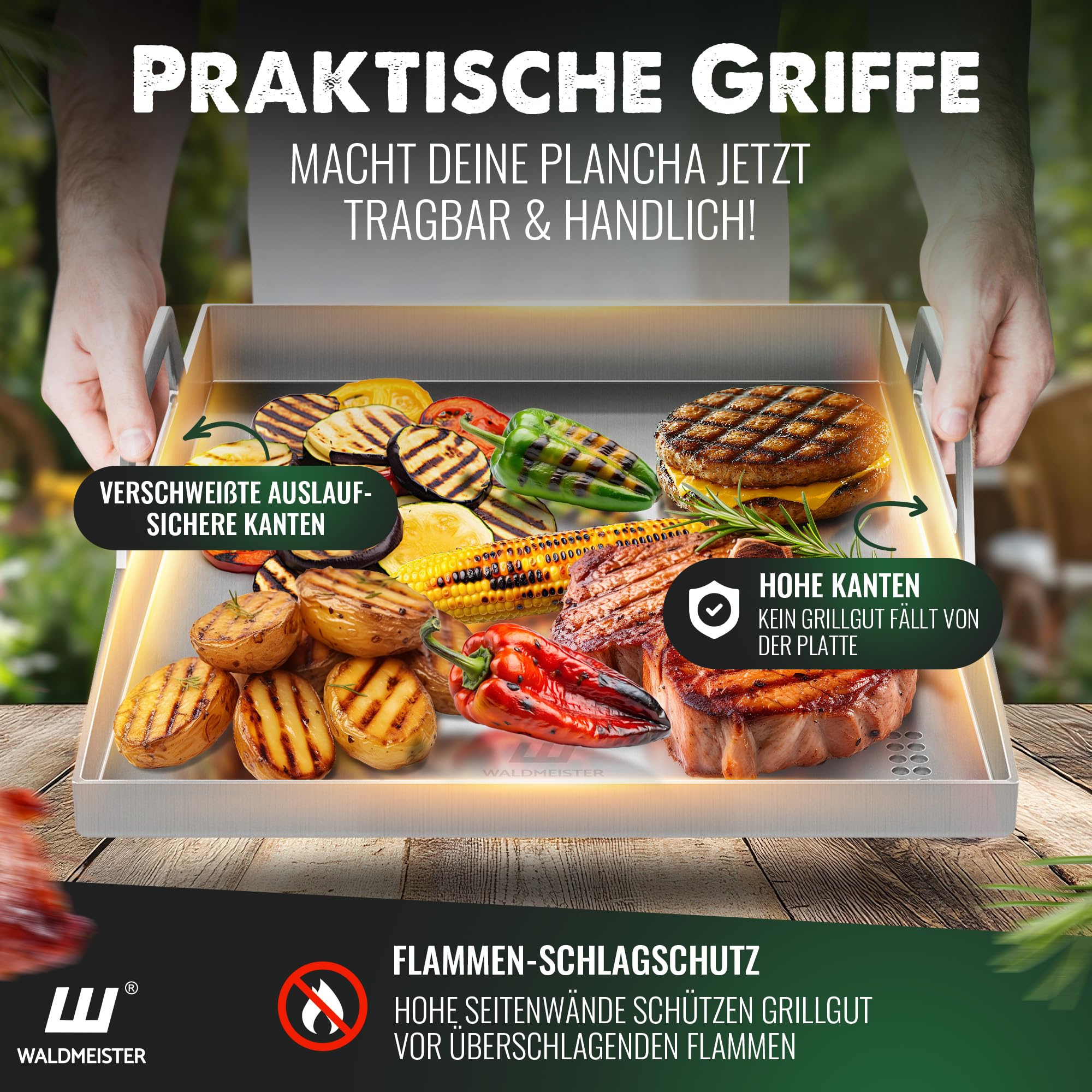 WALDMEISTER Plancha Grillplatte Edelstahl 40x30cm mit Griffen Deckel 2 Grillspachteln Gasgrill Grillzubehör