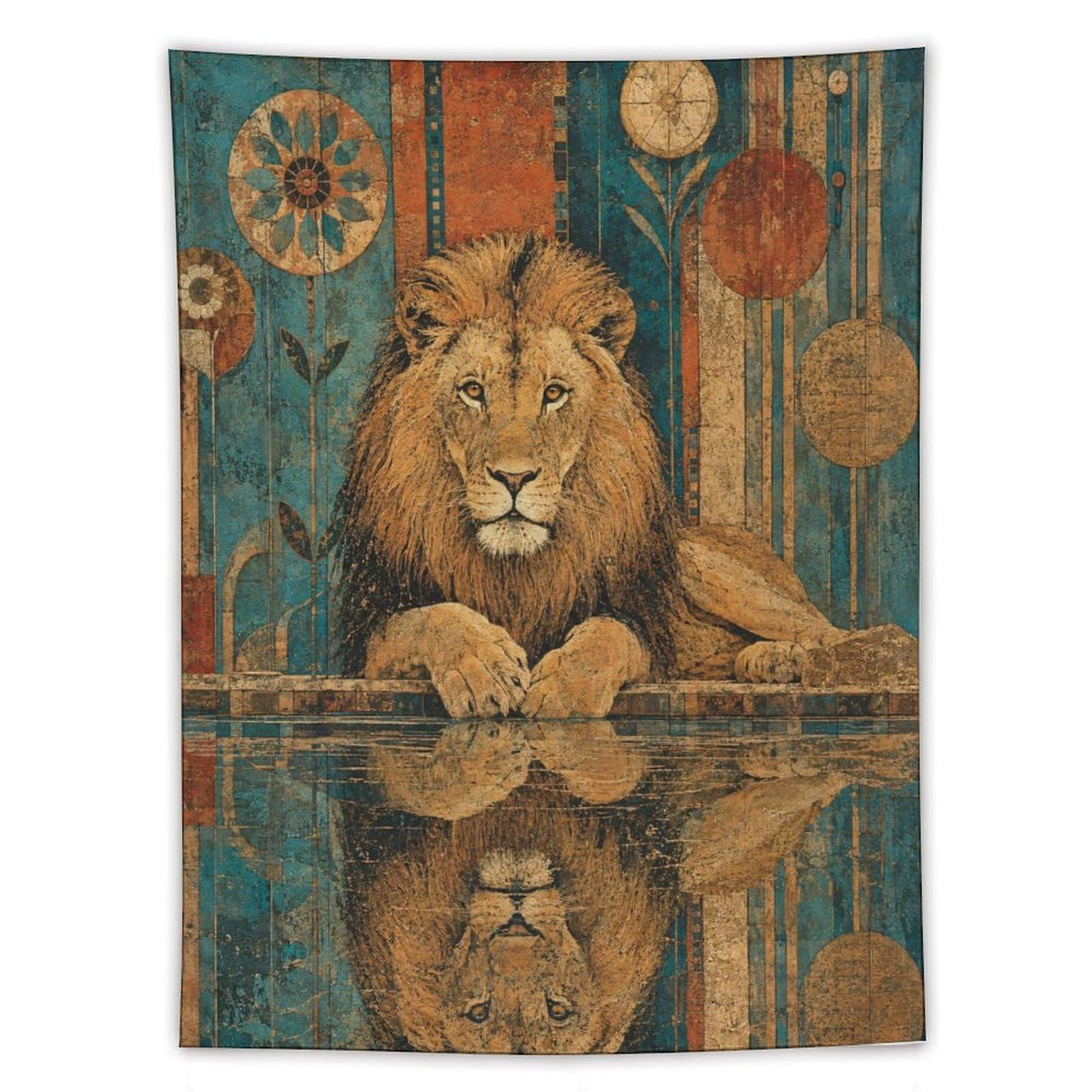 Lion Reflection Wall Tapestry, Realistic Illustration, Lotus Flower