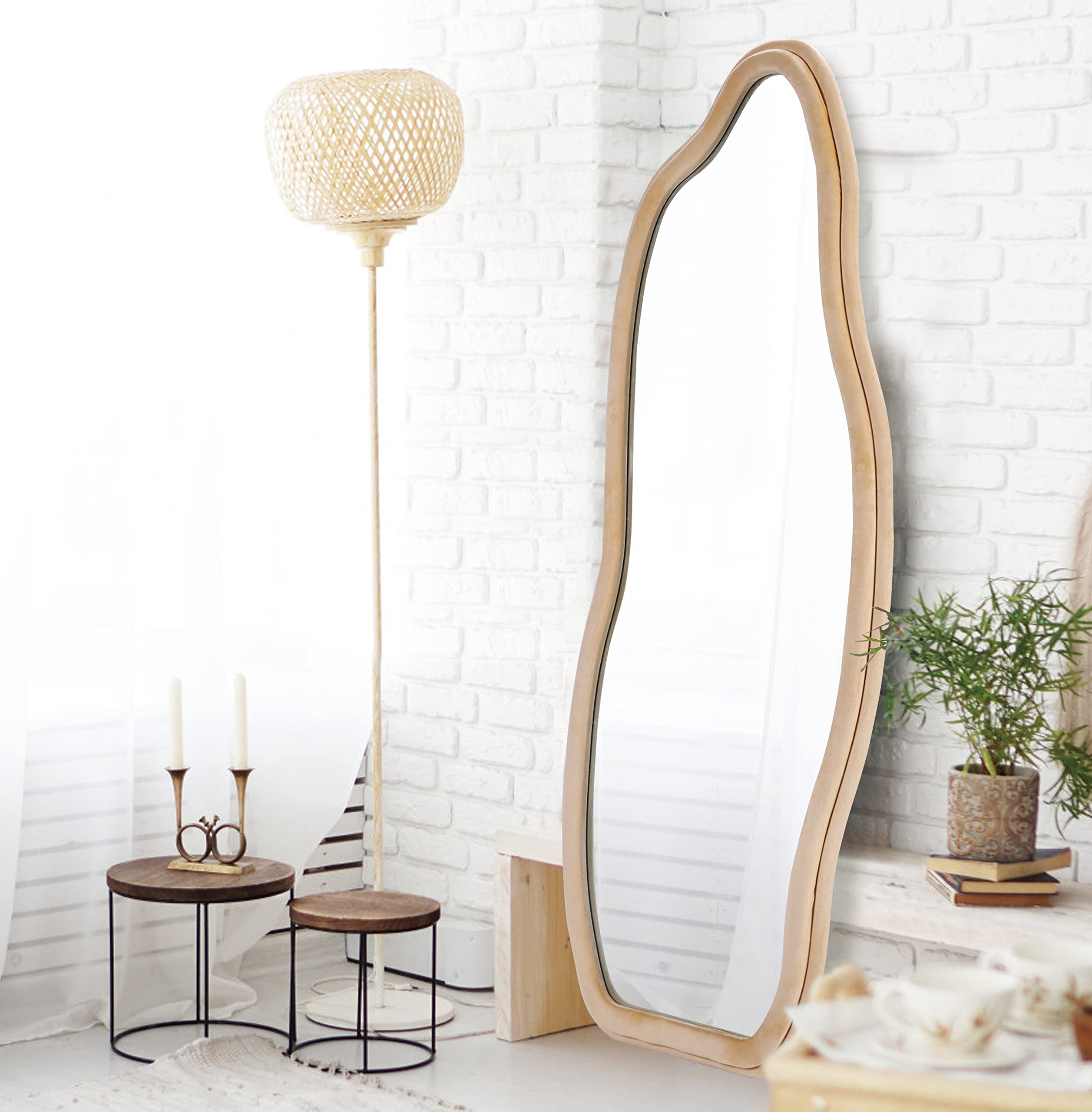 Irregular Full Length Mirror, 63" x 24" Irregular Wall Mirror, Dolphin Floor Mirror with Flannel Wrapped Wooden Frame, Full Body Mirror Hanging or Leaning Against Wall, Milk Tea Color