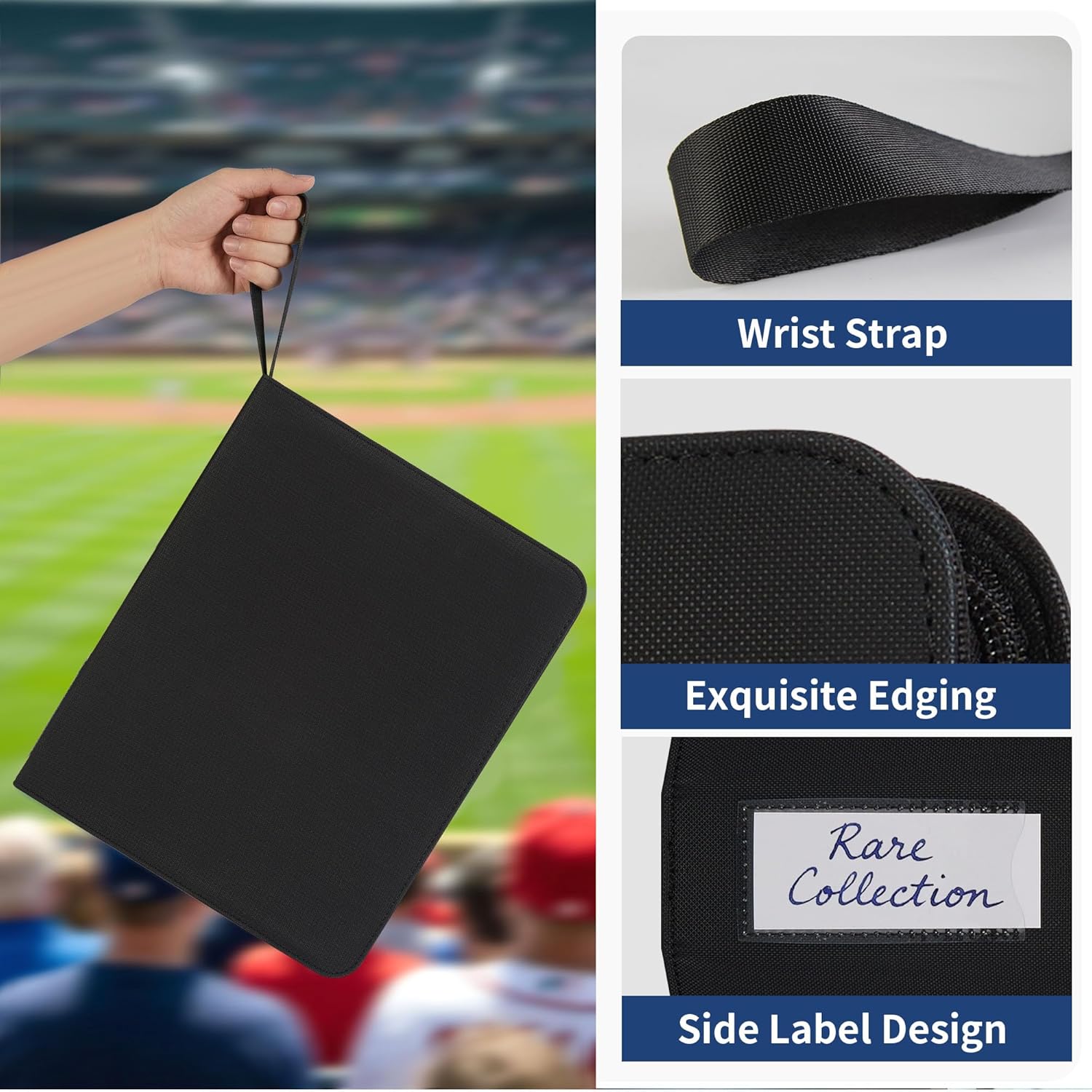 Black 9-Pocket Trading Card Binder with Zipper, Fits 900 Cards; Thermo PU Leather Collector Album for Pokemon, Sports Cards, TCG & K-pop Photocards; Card Folder for Boys, Girls & Adults