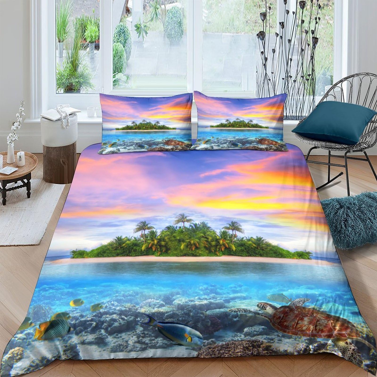 Ctjqhvkz Style-7 3D Printed Tropical Sunset Island Fitted Sheet Microfiber Soft Vibrant Ocean Reef Bed Cover For Bedroom Guestroom Single（135X200cm）
