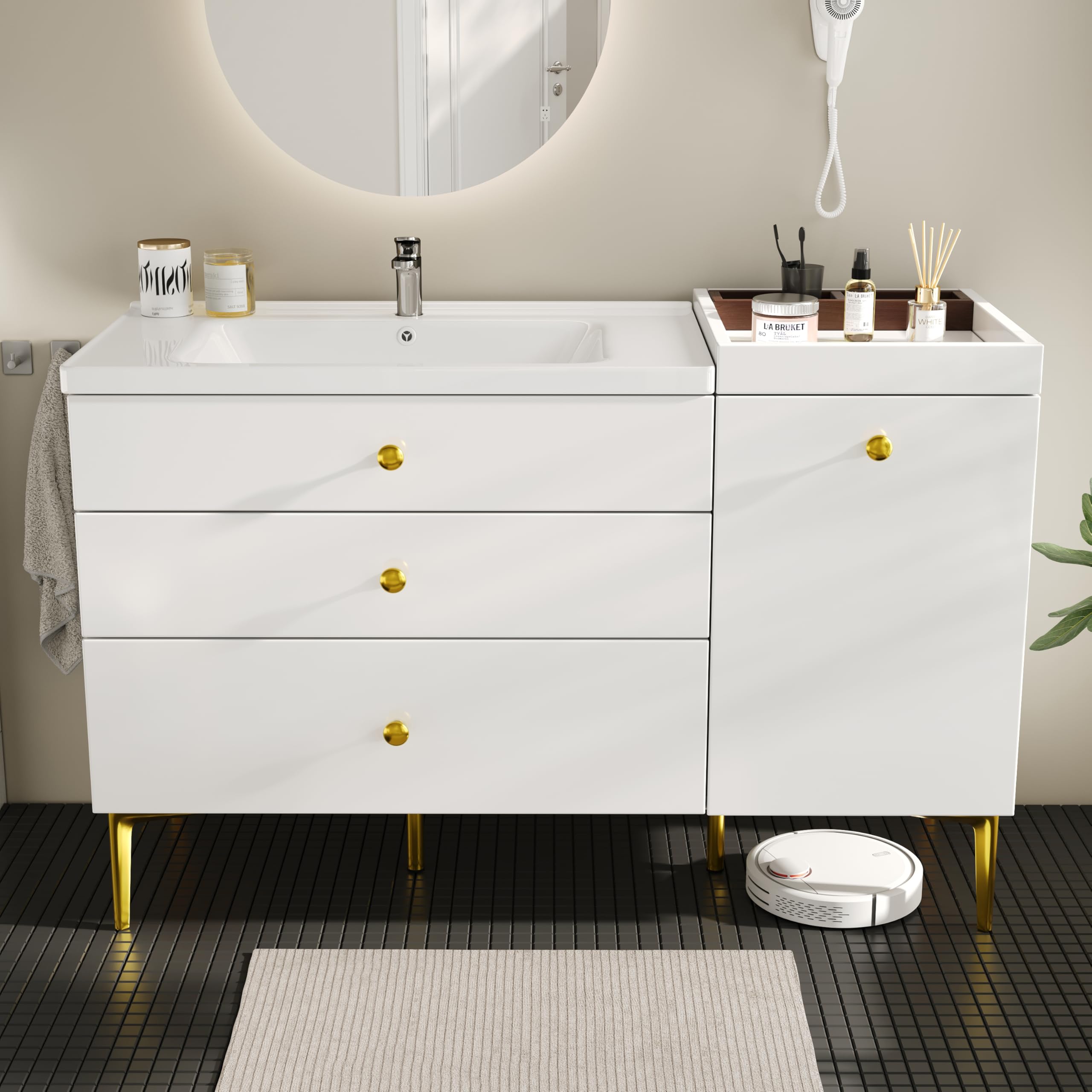 SUKY Armadietto da bagno con lavabo in ceramica, mobiletto da bagno con cassetti e armadio, moderno mobile da bagno, 120 x 47,5 x 80 cm, bianco con oro