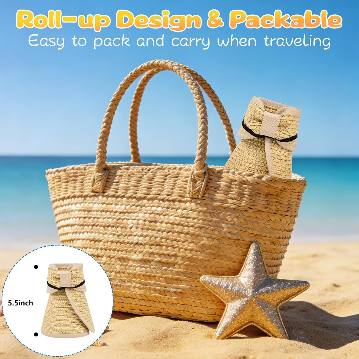 Girls Straw Sun Visor Hat, Wide Brim Ponytail Beach Hat with Bow Foldable