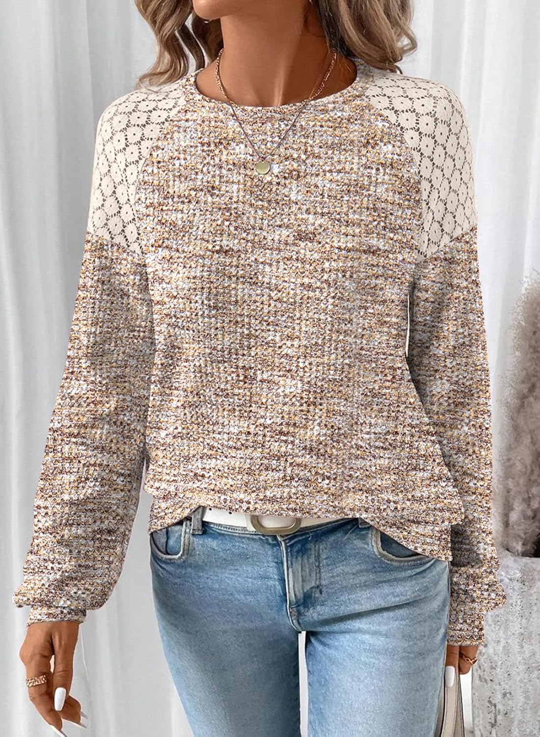 SHEWIN Fall Women Long Sleeve Tops Waffle Knit Shirts Multicolor Fabric Blouses - Image 2