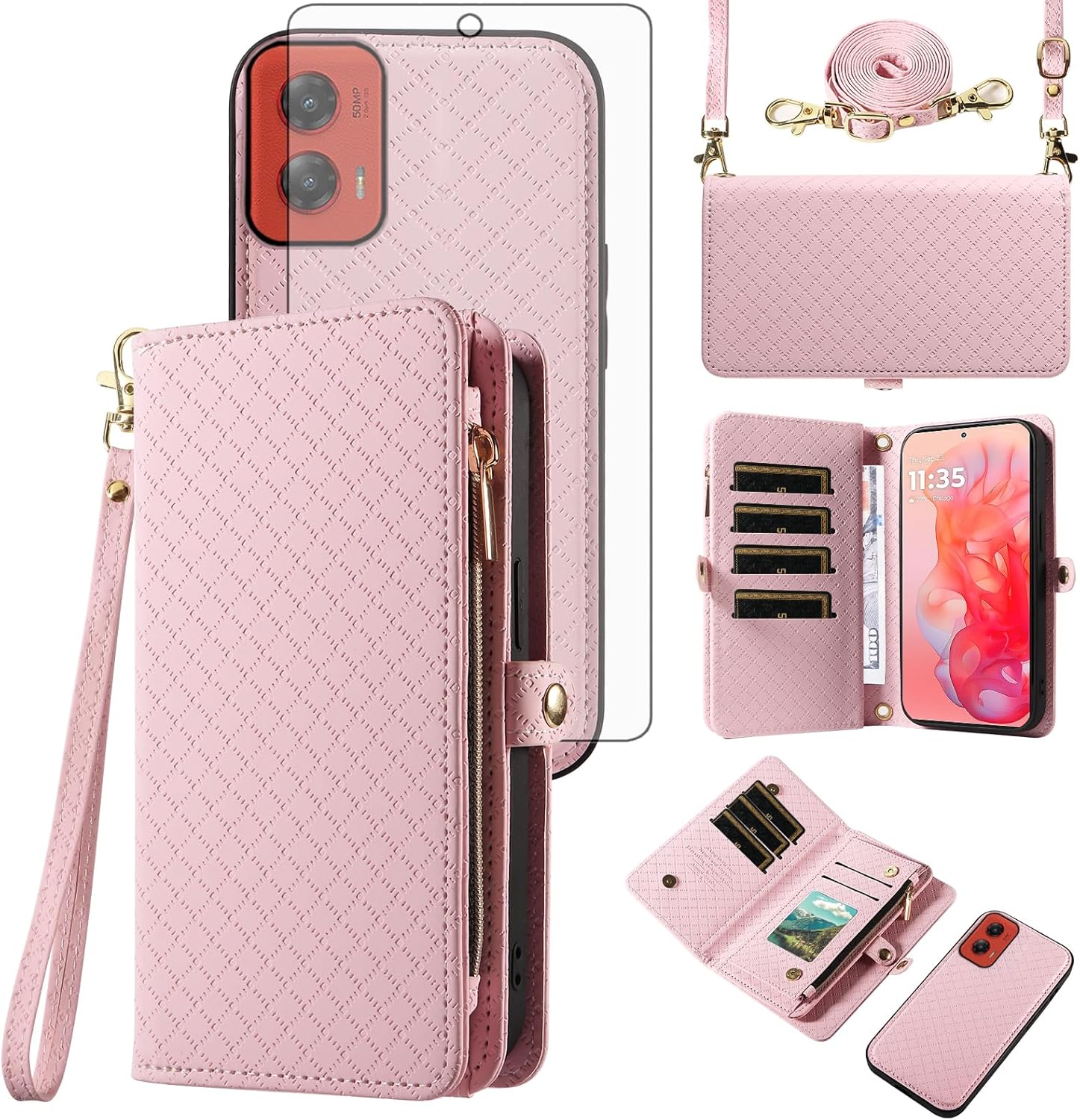 Asuwish Phone Case for Motorola Moto G Stylus 5G 2024 Zipper Wallet Detachable Cell Cover with Tempered Glass Screen Protector Crossbody Lanyard Strap Flip Card Holder Slot G5 Women Men Girls Pink