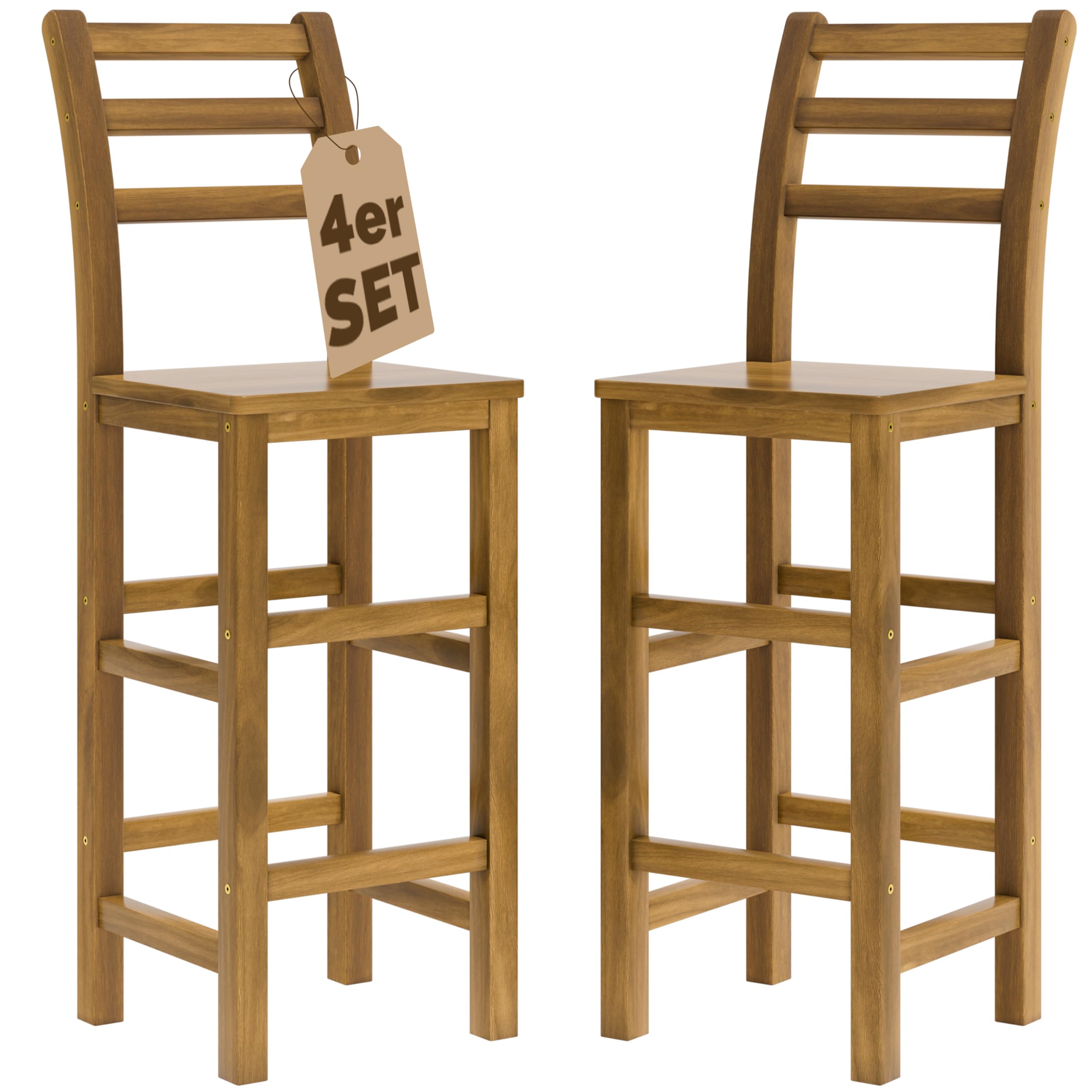 CASARIA® Set of 4 Wooden Bar Stools Set | With High Backs | Breakfast Counter Kitchen Barstools Dining Chairs with Backrest | Ergonomic Design | 110kg Capacity | Acacia Wood | Brown