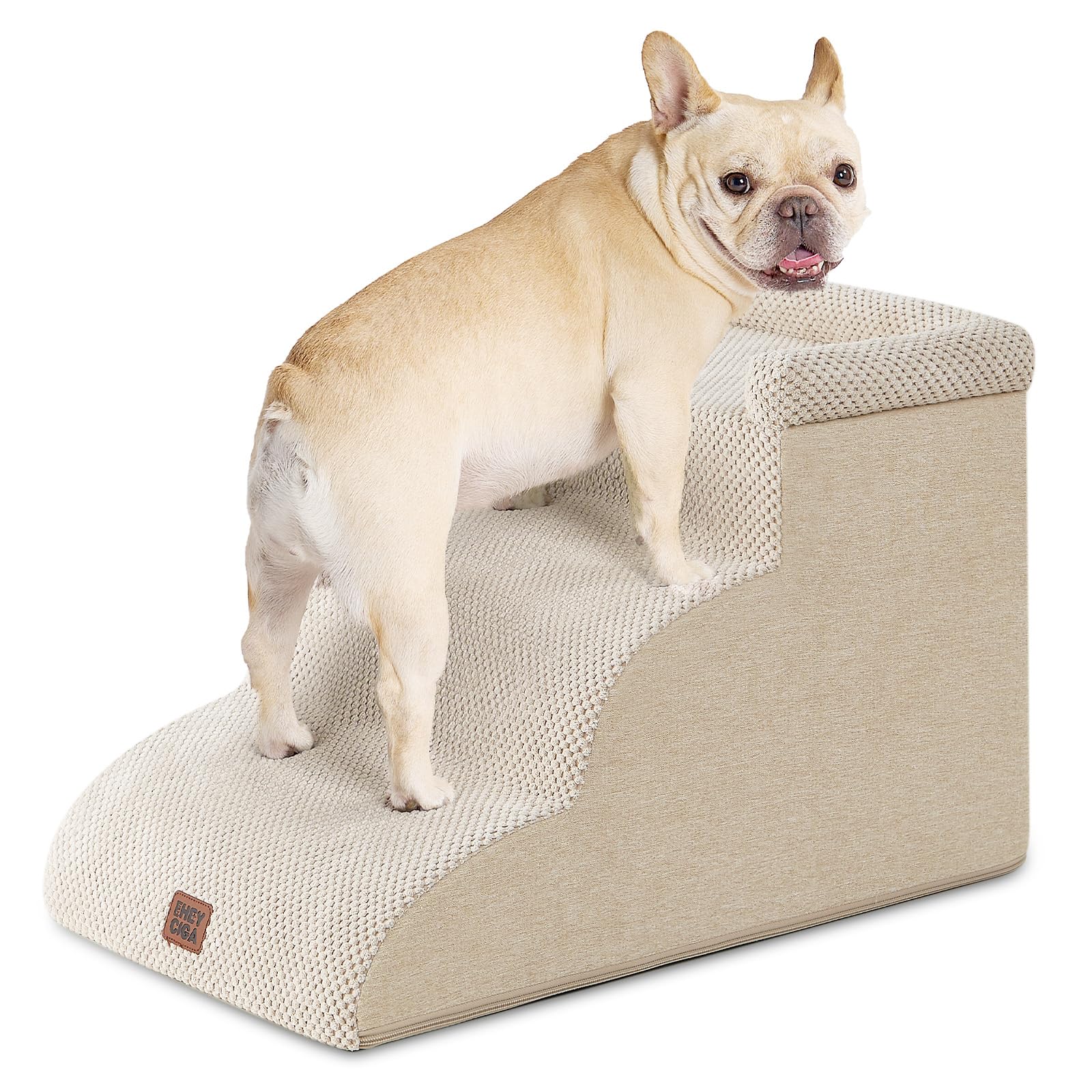 EHEYCIGA Escalera Perros 3 Peldaños, Rampa Perro Cama y Sofá, Beige | Espuma Alta Densidad, Base Antideslizante, Funda Lavable, 40x60x35.5 cm, para Perros Pequeños y Grandes, Mascotas Mayores