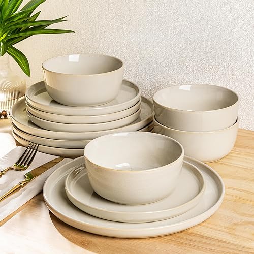 Stoneware Dinnerware Sets,Round Reactive Glaze Plates and Bowls Set,Highly Scratch