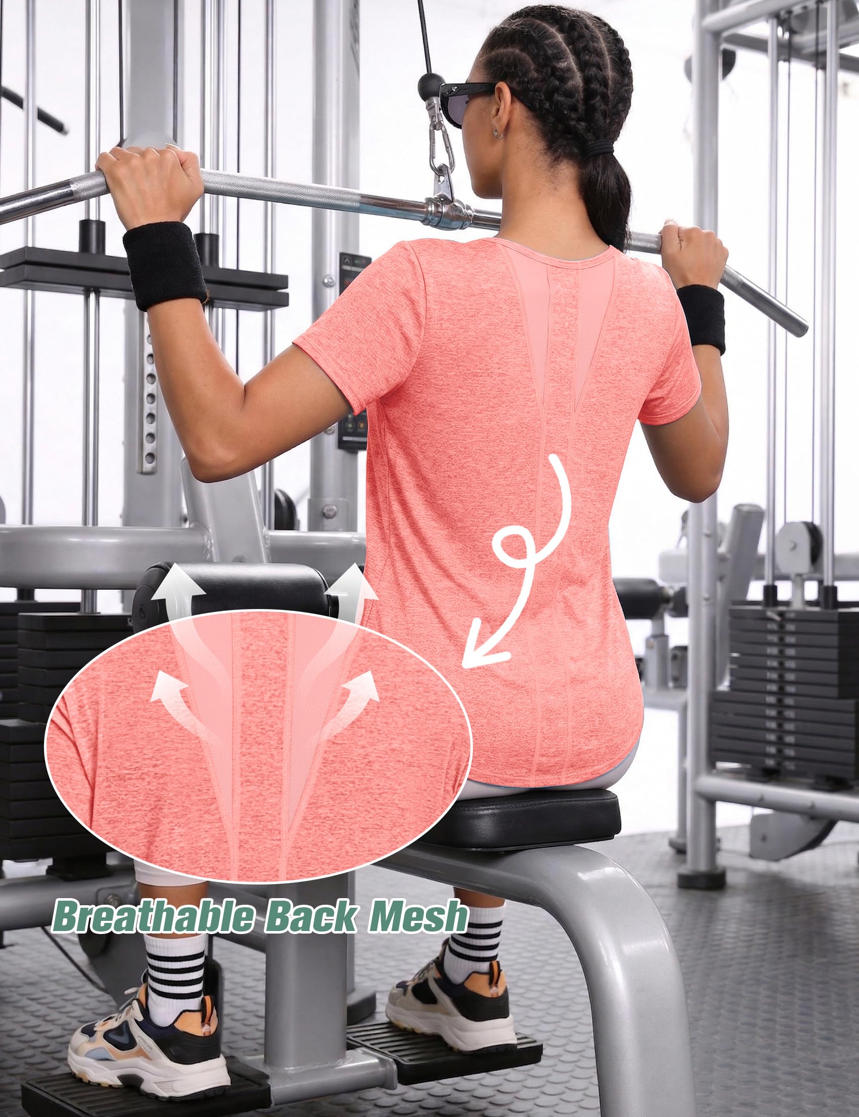 Camiseta Deportiva Mujer Manga Corta Cuello Redondo Secado Rápido Top de Malla Transpirable para Yoga Fitness Correr Pilates S-XXL
