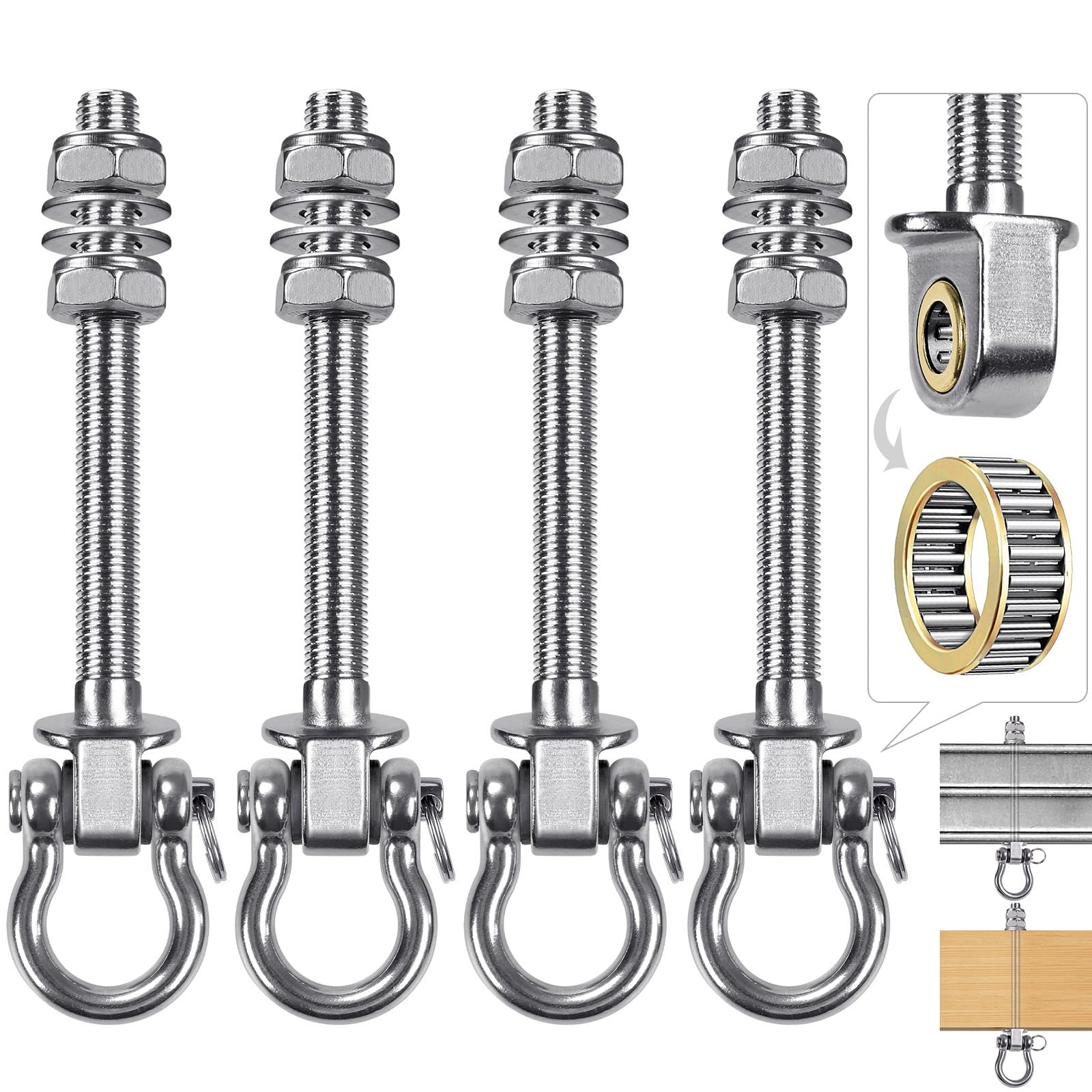 BeneLabel 4pcs Swing Hanger Bearing, 175mm Heavy Duty Hammock Hook M10 Hanging Chair Screw Eye Bolt Swivel Ceiling/Beam Mounting Bracket Kit for Yoga Rope/Aerial Hoop/Punching Bag/Sandbag,1500lbs — image 1