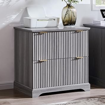 JXQTLINGMU 2 Drawer File Cabinet with Charging Station, 30" Fluted Lateral File Cabinet w/Files Hanging Rod for Letter/Legal/A4, Large Tabletop for Printer, Office Wood Printer Cabinets, Grey