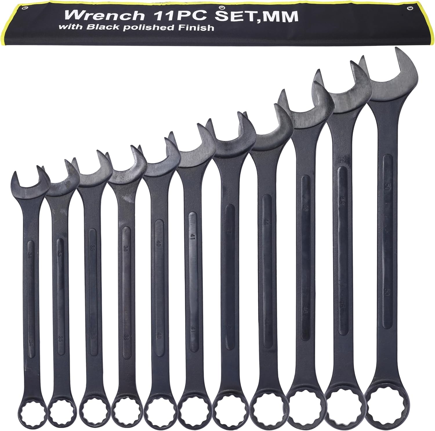 11PC Oversized Metric Combo Wrench Set (34–50mm), Industrial-Grade Chrome Vanadium Large Wrenches for Construction & Farm Equipment, Includes Reinforced Roll-Up Storage Bag – Black Oxide