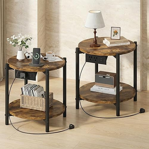 Miniatura 11 de LIKIMIO Mesas auxiliares redondas, mesas auxiliares redondas pequeñas de 16 pulgadas de ancho con estación de carga, mesitas de noche modernas de 2