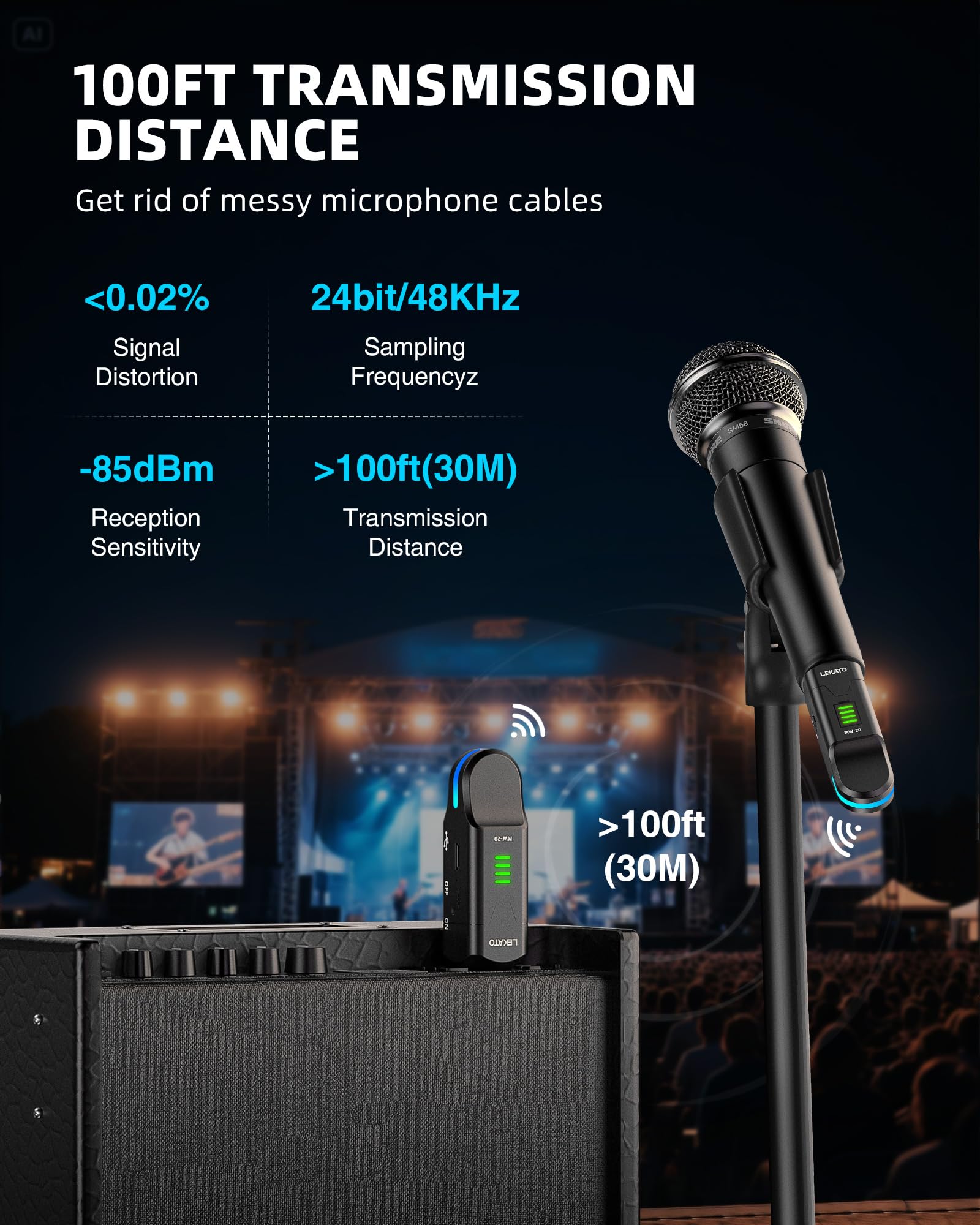LEKATO Trasmettitore e ricevitore XLR wireless 2,4 GHz, alimentazione phantom 48 V, microfoni condensatore/dinamici, Plug & Play, runtime 8H per PA, mixer, performance live