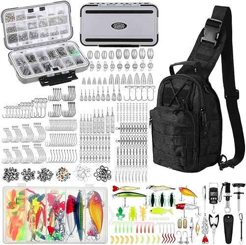 Sosation Kit de equipo de pesca de 482 piezas, caja de aparejos de pesca con aparejos incluidos, mochila, señuelos, ganchos, plomos, herramientas de