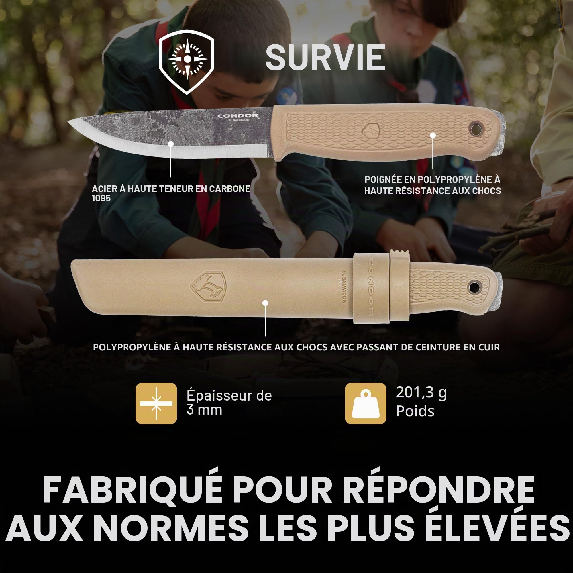 Condor Outil et couteau Terrasaur Couteau à lame fixe Desert – Acier à haute teneur en carbone 1095 – Gaine en polypropylène résistant aux impacts – Bord scandinave – Épaisseur 3 mm – Lame de 10,7 cm