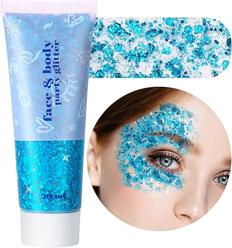 MEICOLY Brillantina azul cielo, gel de purpurina facial verde azulado, pintura facial con purpurina de Halloween, purpurina azul claro para cara,