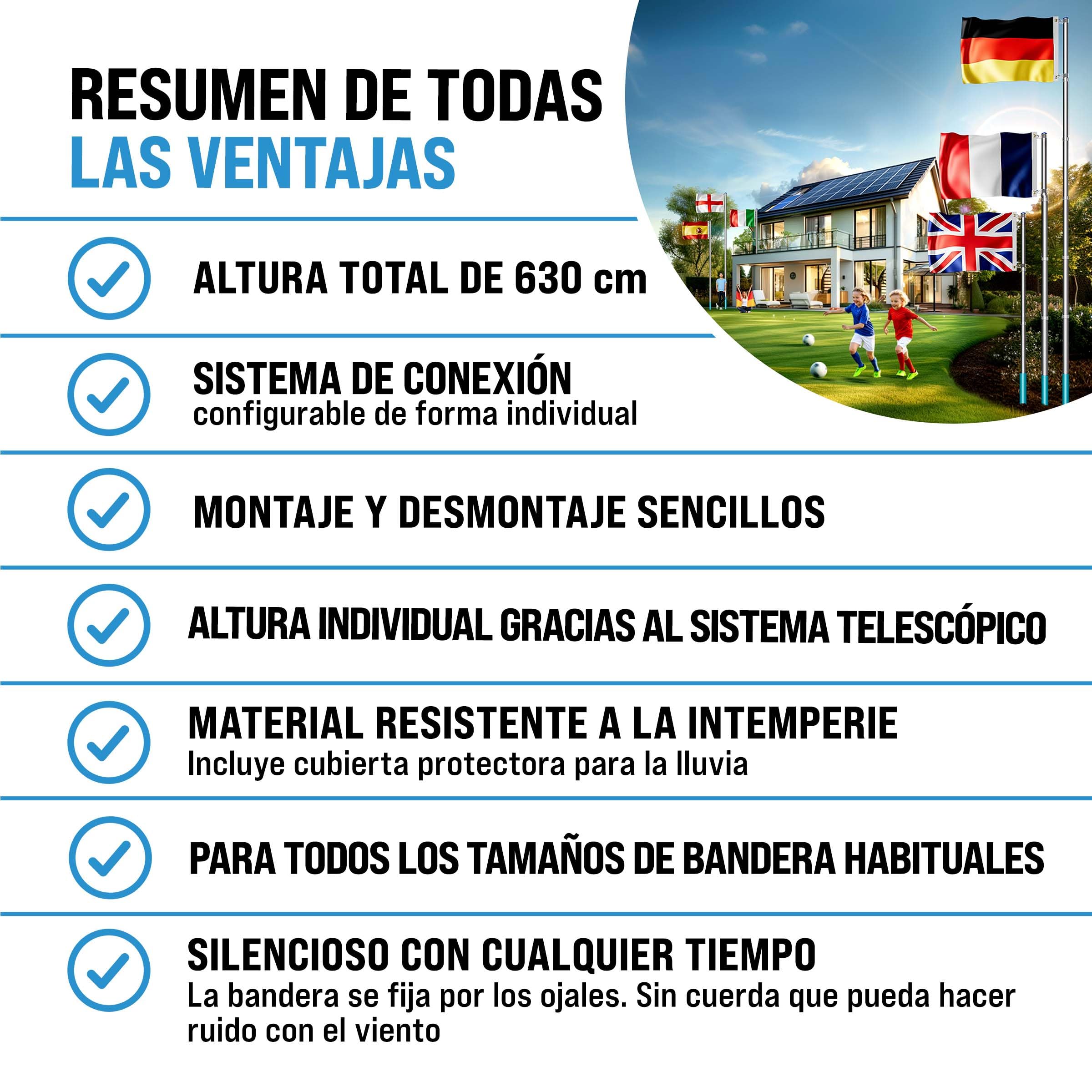 MONZANA® Asta Bandera Aluminio 6,30m Telescopica incl. Anclaje Suelo 60cm Bandera Alemania Alemana