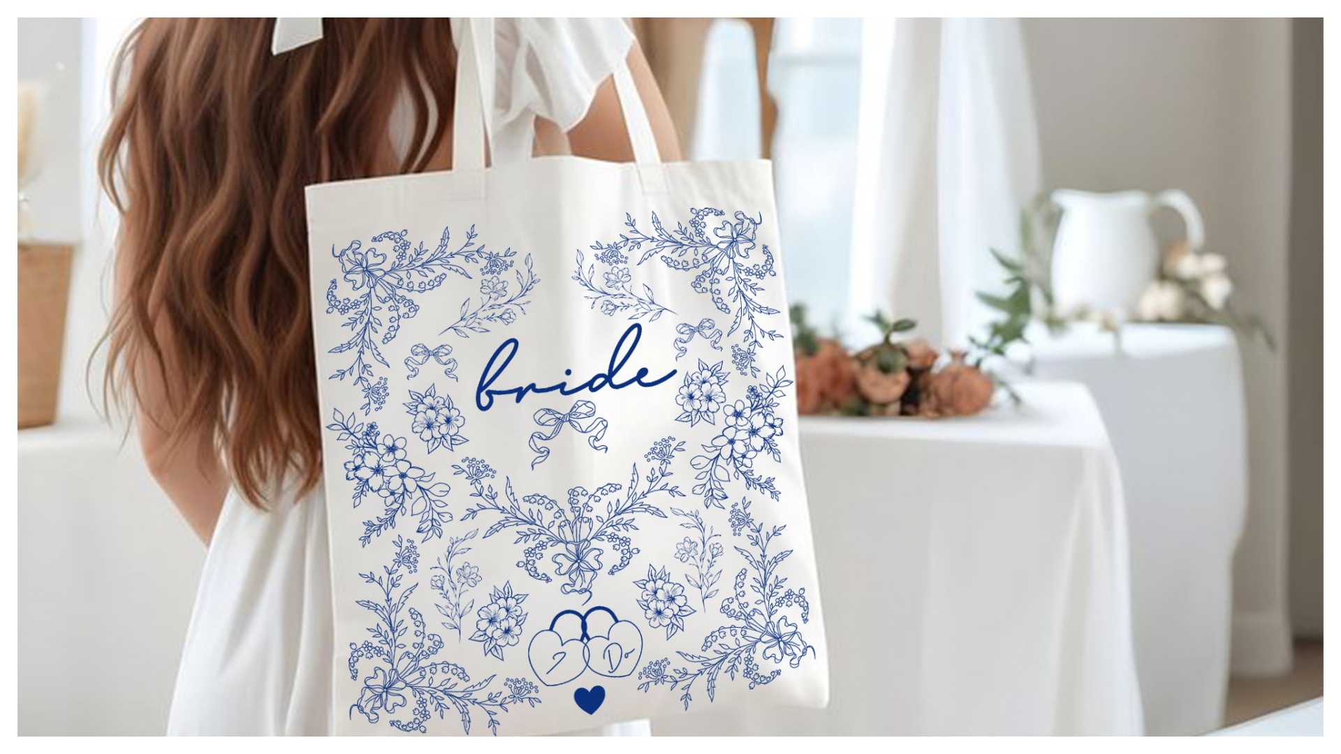 Bolso Tote Lady & Home para novia azul y blanco miniatura 7