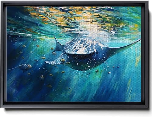 Nautical Print on Canvas for Wall Decor, Ocean Fish Manta Ray Canvas Wall Art, Beach Print for Wall Hang, Turquoise Coastal Pictures Wall Decor,