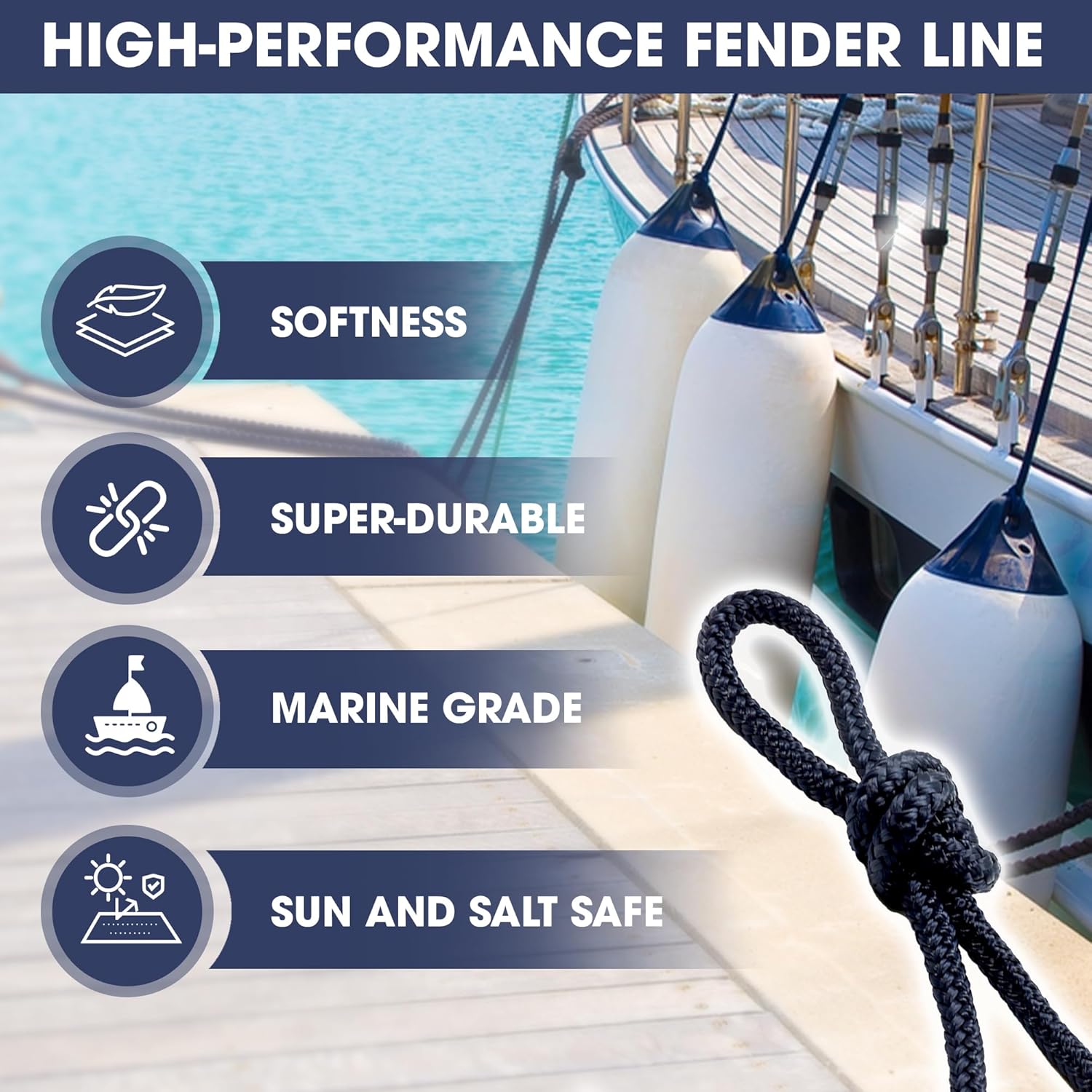 5/16" X 5FT (8mm x 1.5M) Fender Line Navy Blue 2 Pack Premium Double Braid, Mooring Dock Marine-Grade Dock Lines for Boats, Pre-Spliced with Eye - Image 5