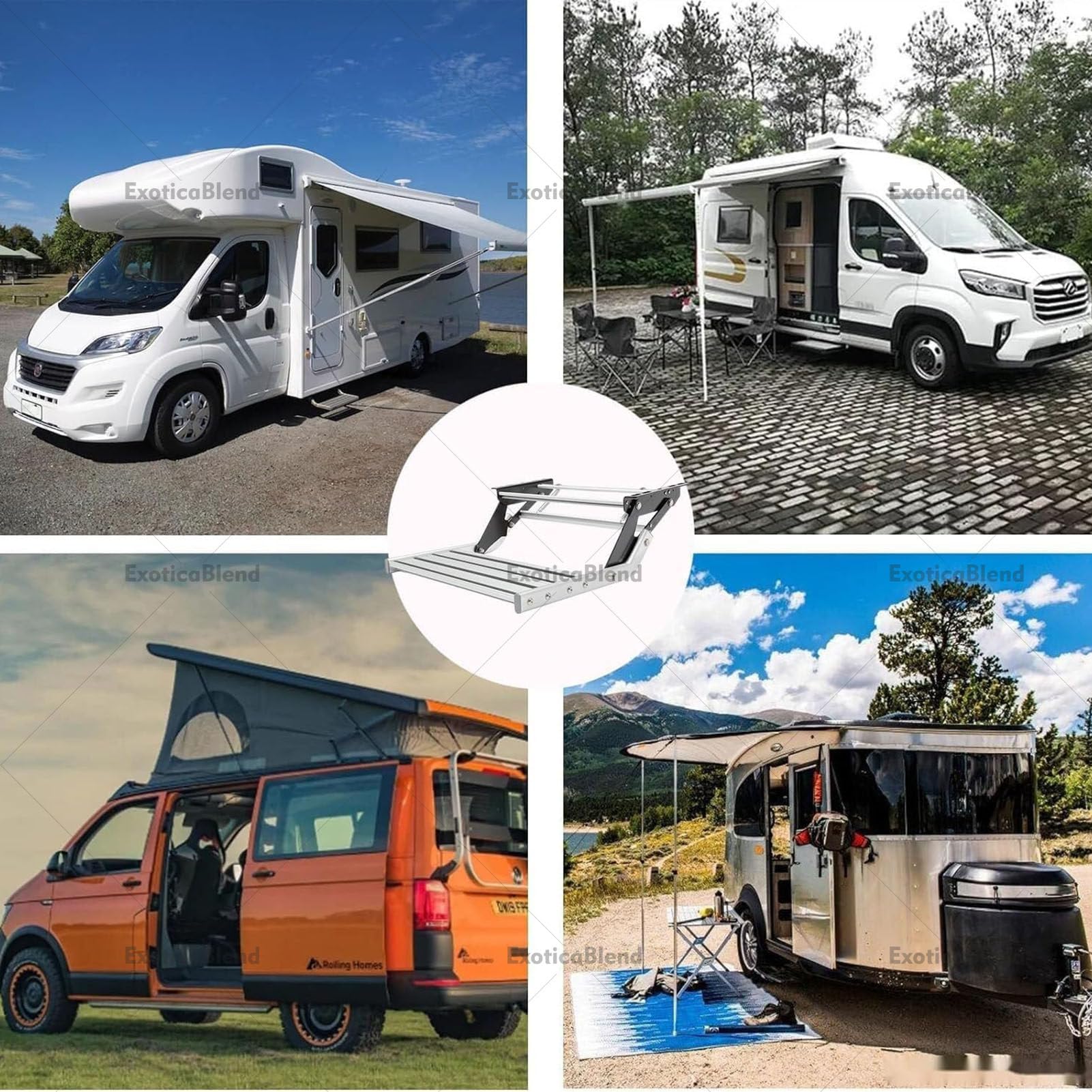 Gradino Elettrico per Camper, con Luce LED, Accessori Camper Campeggio, 150 kg, Gradini Antiscivolo, Compatti, Espandibili o Ripiegabili con Una Sola Mano, per Roulotte, Camper 1Step-Automatic(12V)