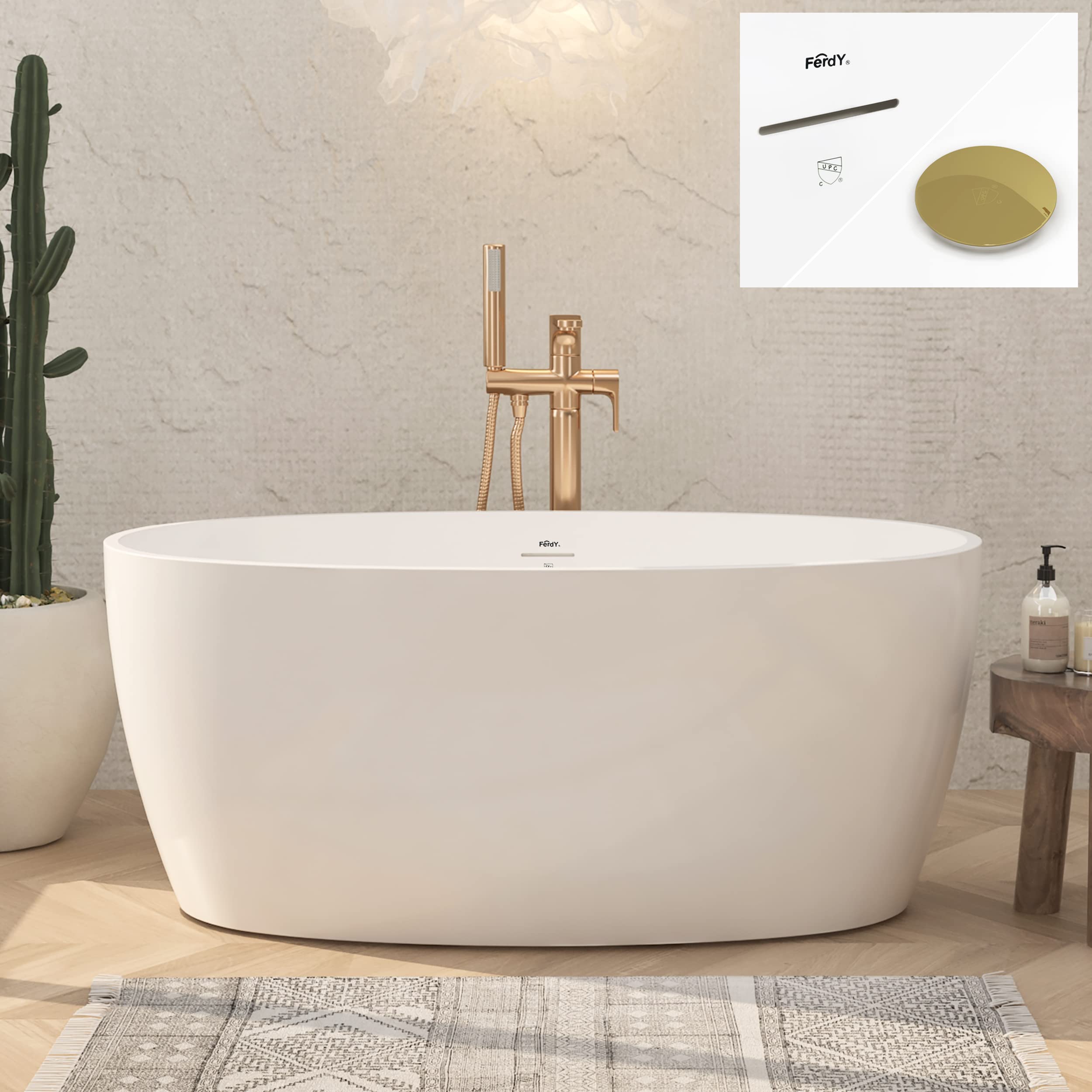FerdY Tahiti 55" Acrylic Freestanding Bathtub, Elegant Oval Shape Soaking Bathtub, Glossy White, Polished Gold Drain & Integrated Slotted Overflow