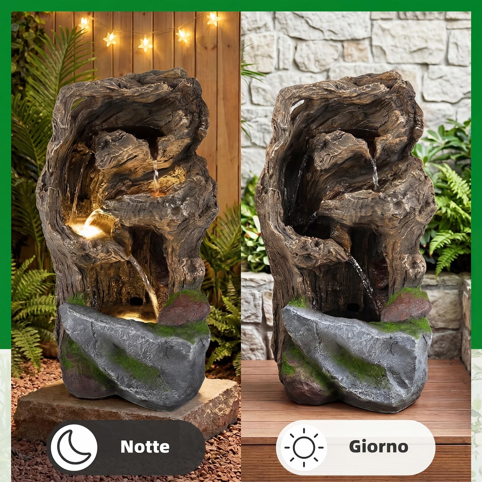 COSTWAY Fontana a Cascata, Fontana da Esterno con Illuminazione LED, Pompa e Muschio Artificiale, Ornamento Cascata in Stile Roccia per Cortile, Balcone e Salotto, 30,5 x 26 x 53 cm