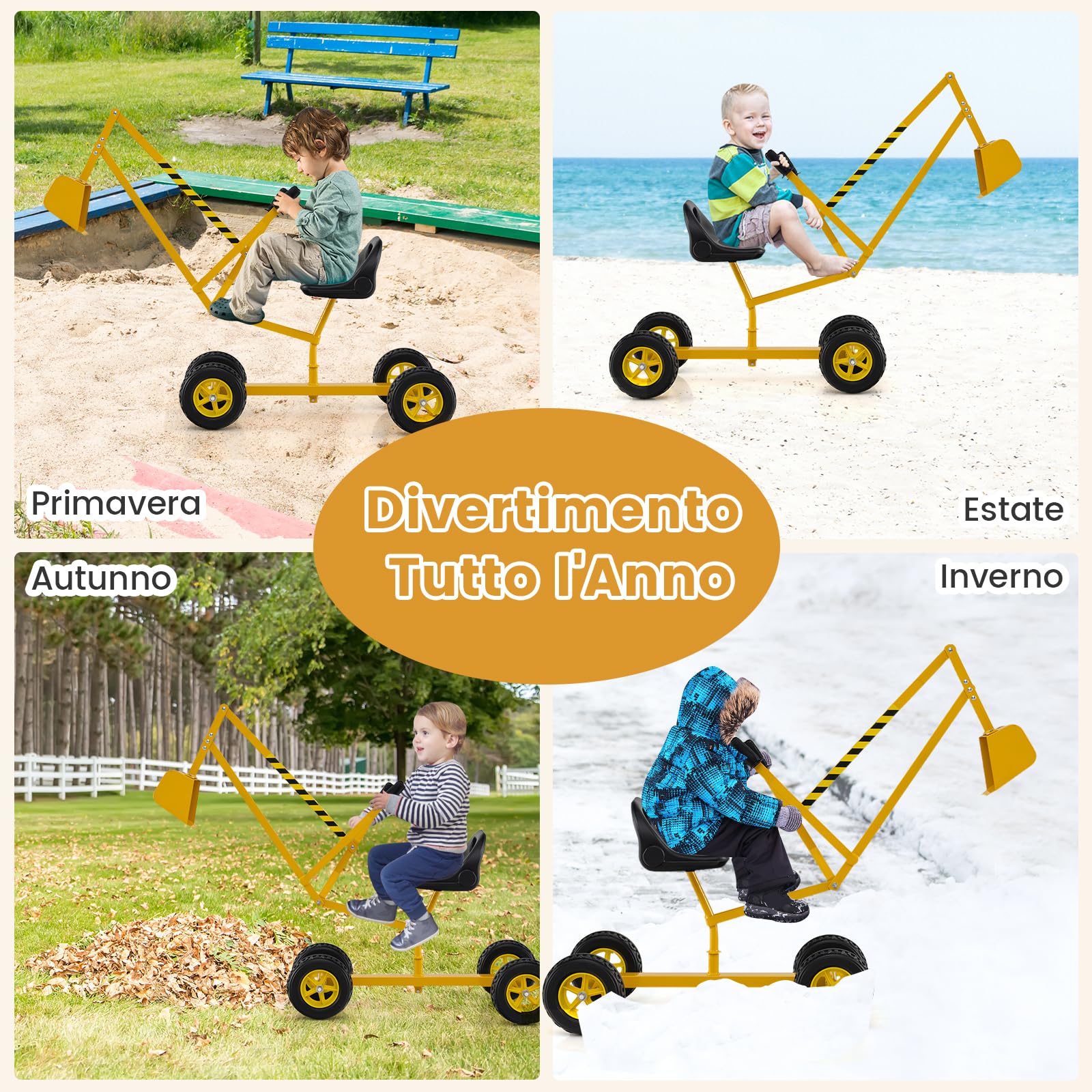 COSTWAY Escavatore per Bambini, Scavatore per Sabbiera con Comandi a 2 Mani e Pala Flessibile, Sedile Rotante a 360°, 4 Ruote, Ideale per Bambini 3 Anni+ (con Ruote Giallo)