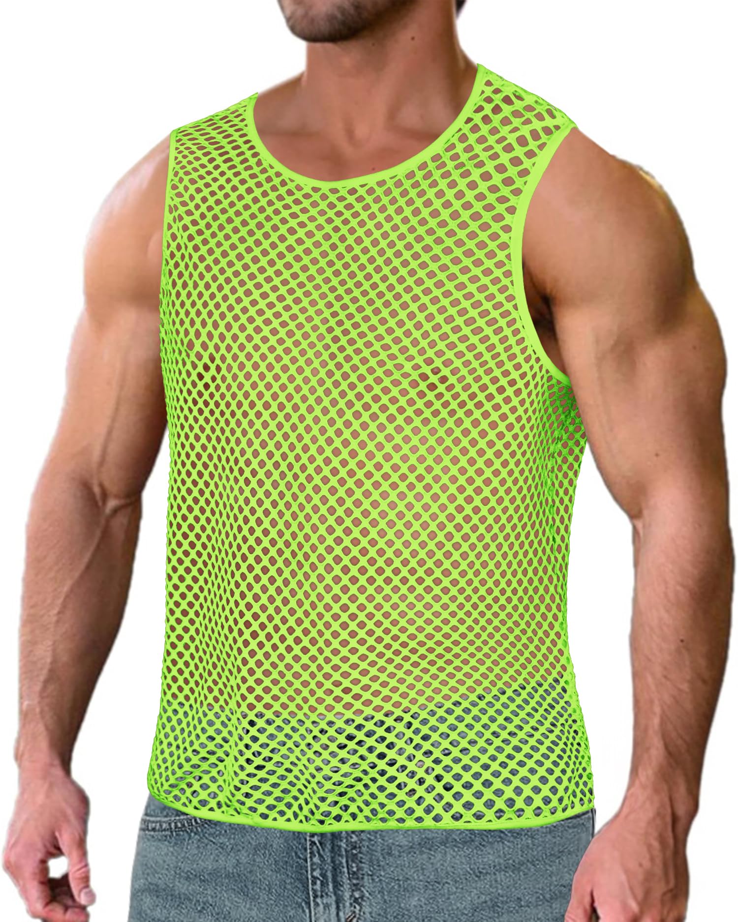 men39s mesh fishnet muscle top see through shirts fitted crew neck tee clubwear
