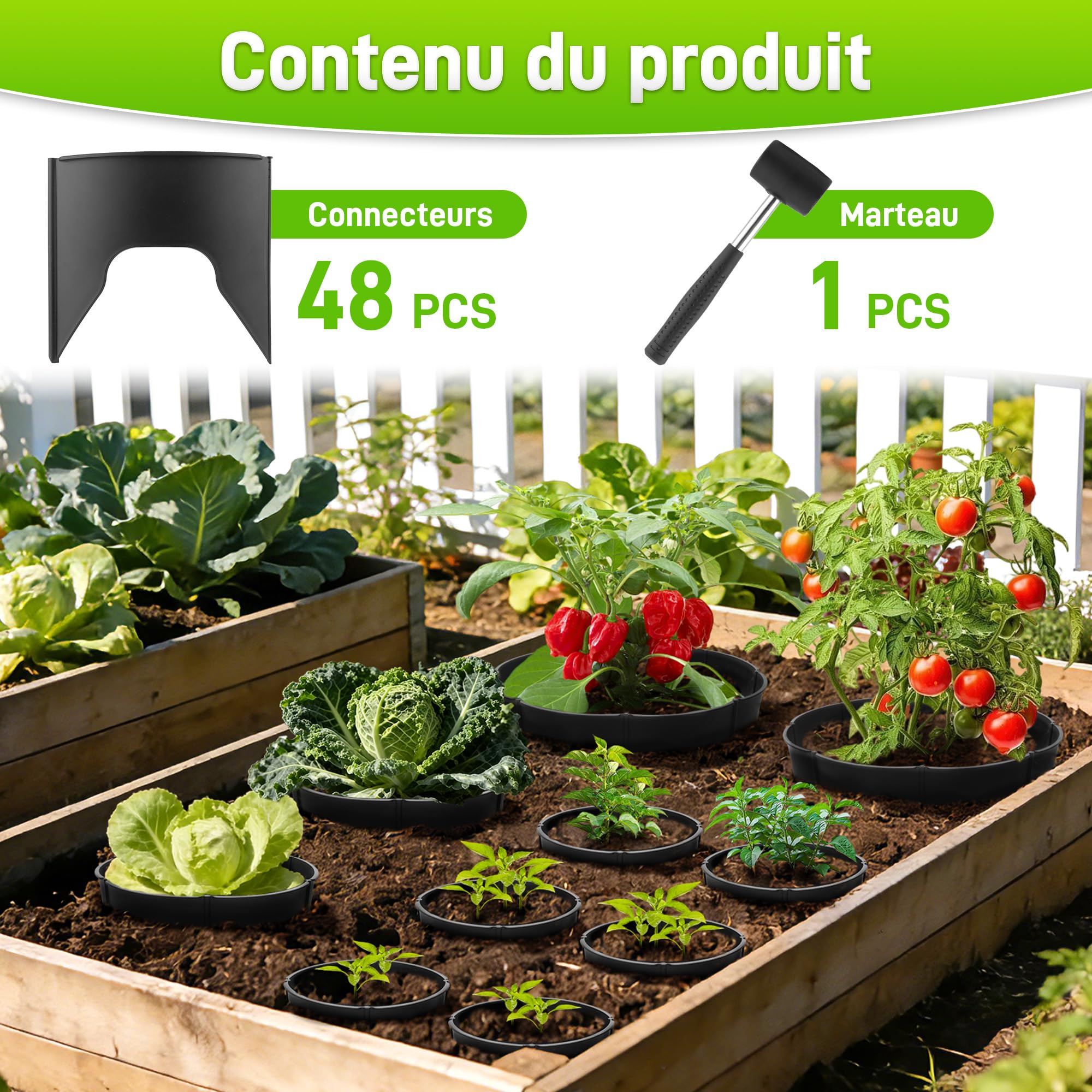 Set PVC 48 Anneau de Croissance végétal avec Marteau en Caoutchouc, idéal pour Jeunes Plantes, étanche et pour Jardin et Potager surélevé