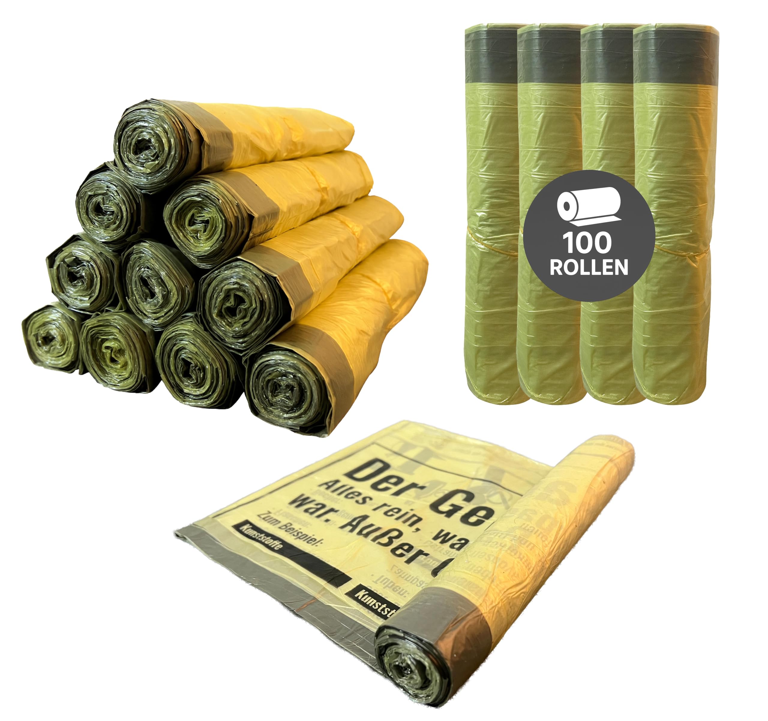 100 Rollen Gelber Sack - Gelbe Säcke 90 Liter HDPE 15µ Müllbeutel 13 Stück pro Rolle, insgesamt 1300 Stück 60x88cm plus 5cm Umschlag mit stabilen Zugband Gelber Sack Wertstoffsack (100 Rollen)