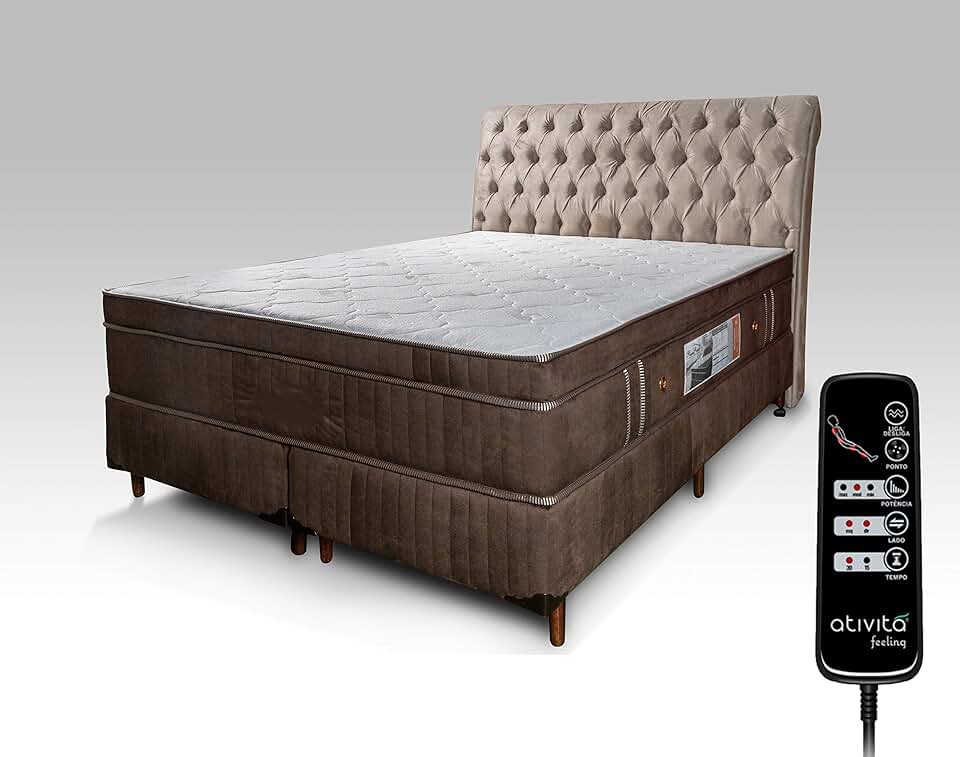 Colchão Massagem Queen (1,58x1,98) SLIM (extra firme) Com Controle Operacional + Box Bipartida + Cabeceira (Marrom Cabeceira Bege)