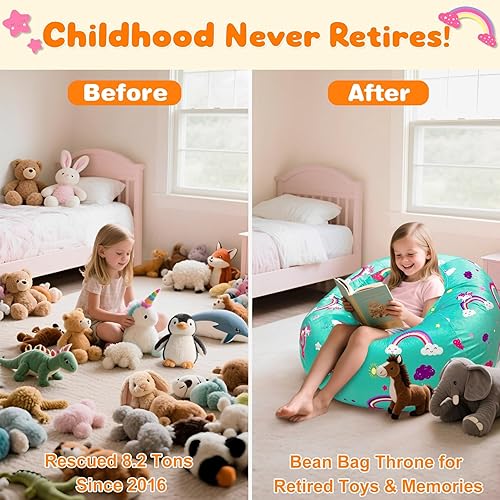 Miniatura 2 de Lukeight Funda para silla puf de almacenamiento de animales de peluche para niños, funda para silla puf con cremallera arcoíris para organizar