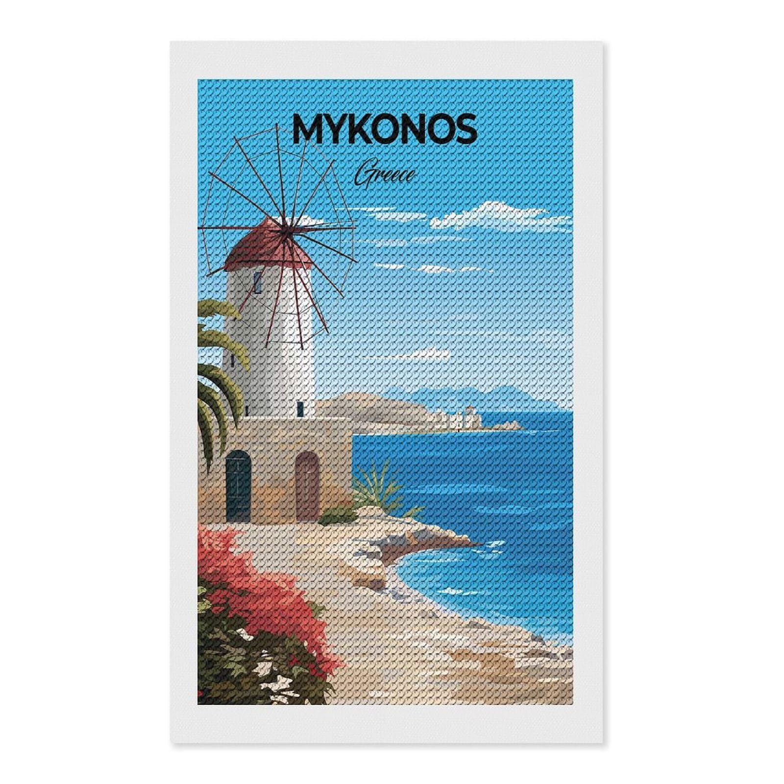 Junmoney Mykonos Greece Travel Diamond Painting Kit 12"x20", Easy Handmade Project, Cosy Home Accent, for Craft Lovers, Holiday Gift Idea