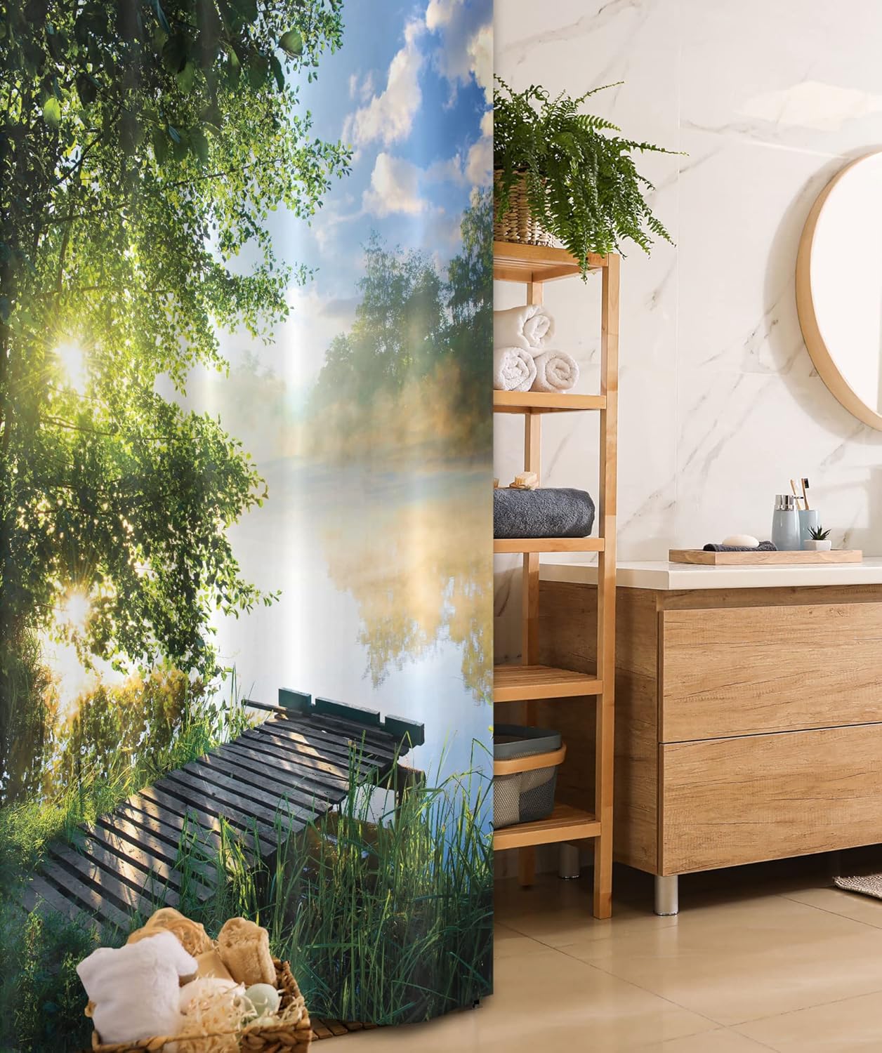 Ambesonne Landscape Stall Shower Curtain, Fishing Pier by River in The Morning with Clouds and Trees Nature Image, Fabric Bathroom Decor Set with Hooks, 36" W x 72" L, Green Blue