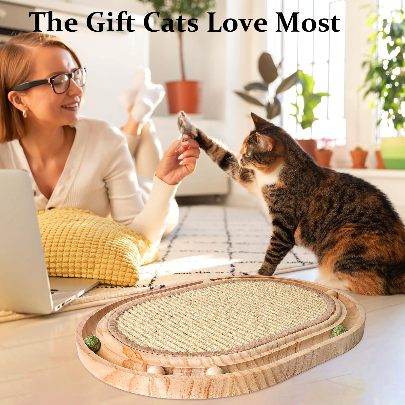 LURICO Griffoir en Sisal pour Chat, Jouet 2 en 1, 43x33x2.5 Cm Chat Griffoir Réutilisable, Chaise Longue avec 6 Petite Balle pour Tous Les Chats, Jouer, Se，Protège Les Tapis et Canapés