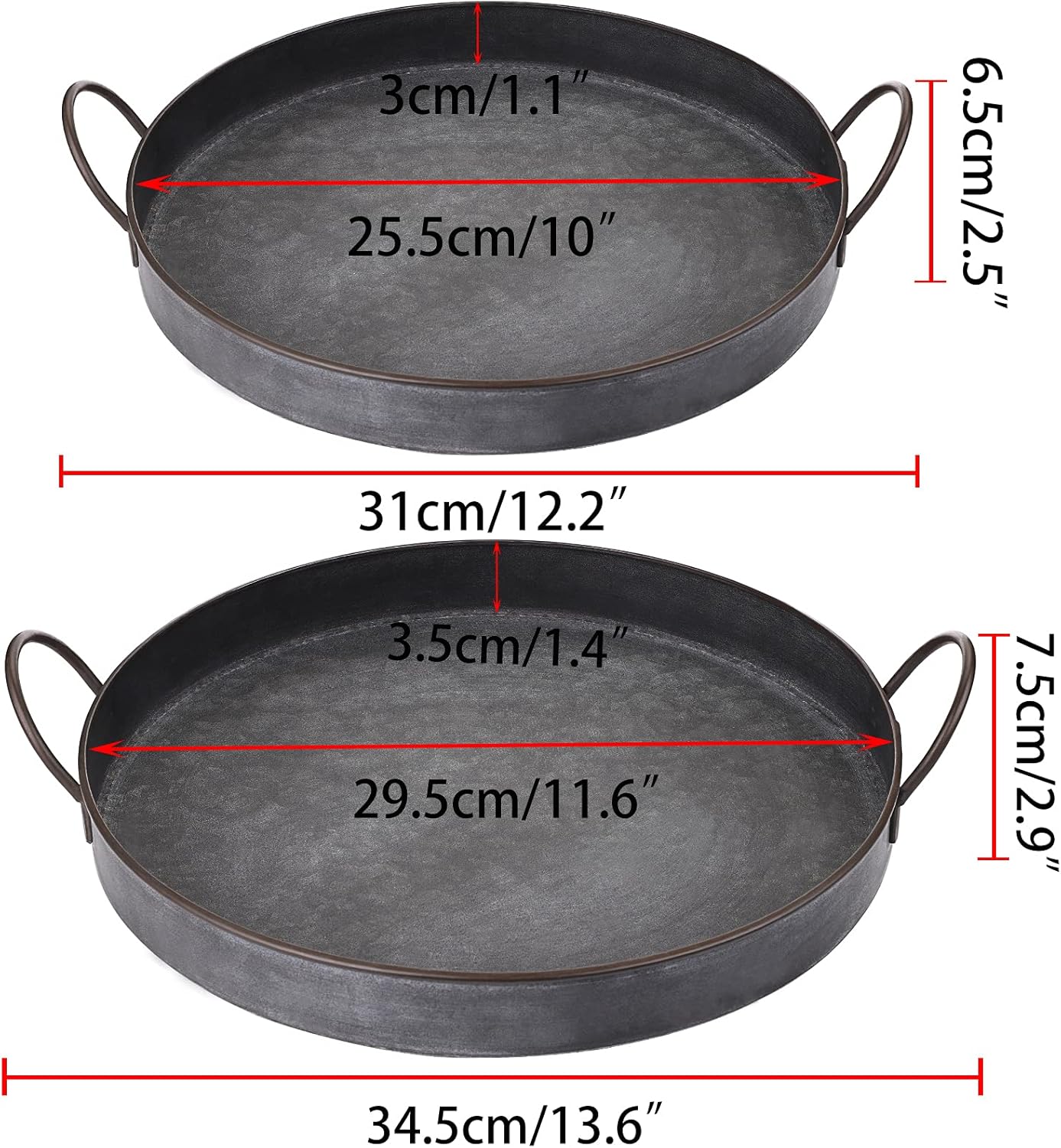 Hipiwe Set of 2 Industrial Style Metal Iron Serving Tray with Handle, Rustic Galvanized Storage Tray Round Coffee Table Home Decor Centerpiece Tray, 13.6 inch and 12.2 inch - Image 4