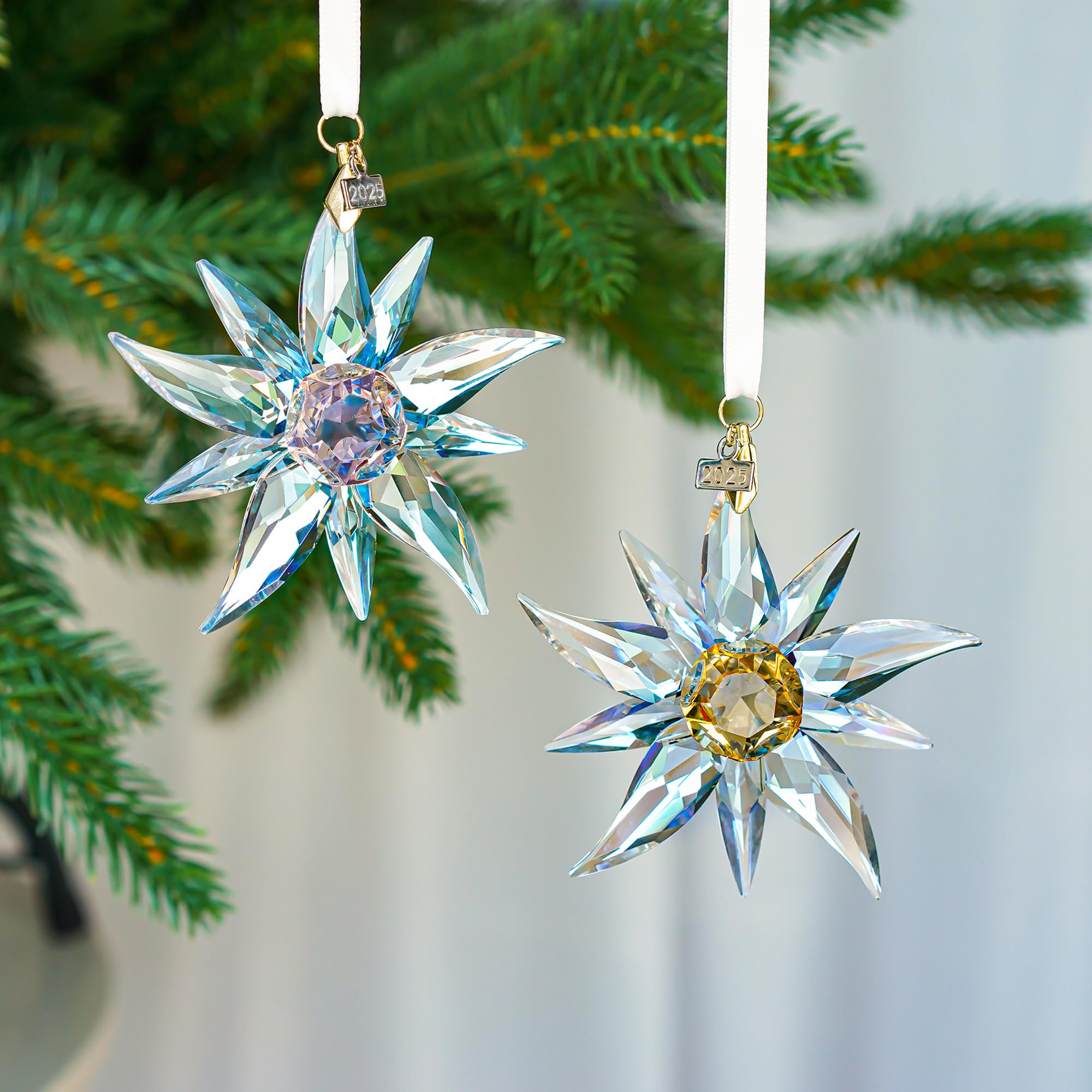 2024 Ornamenti di Natale in vetro a forma di stella alpina in cristallo dorato ornamento fiocco di neve per albero di Natale ciondolo in cristallo Sun Catcher Hanging Decor