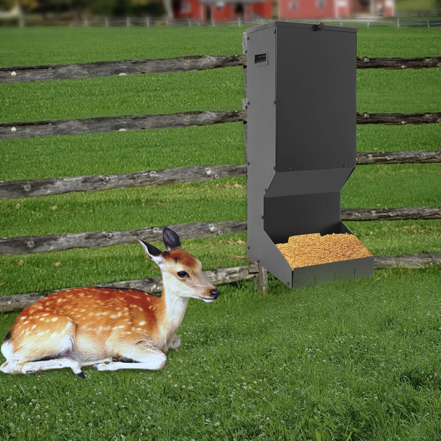 Hanging Deer Feeder, Carbon Steel Deer Feeder Dispensers with Weatherproof Lid 11 Gallons No Waste Large Deers Feeder Station for Farms Ranches