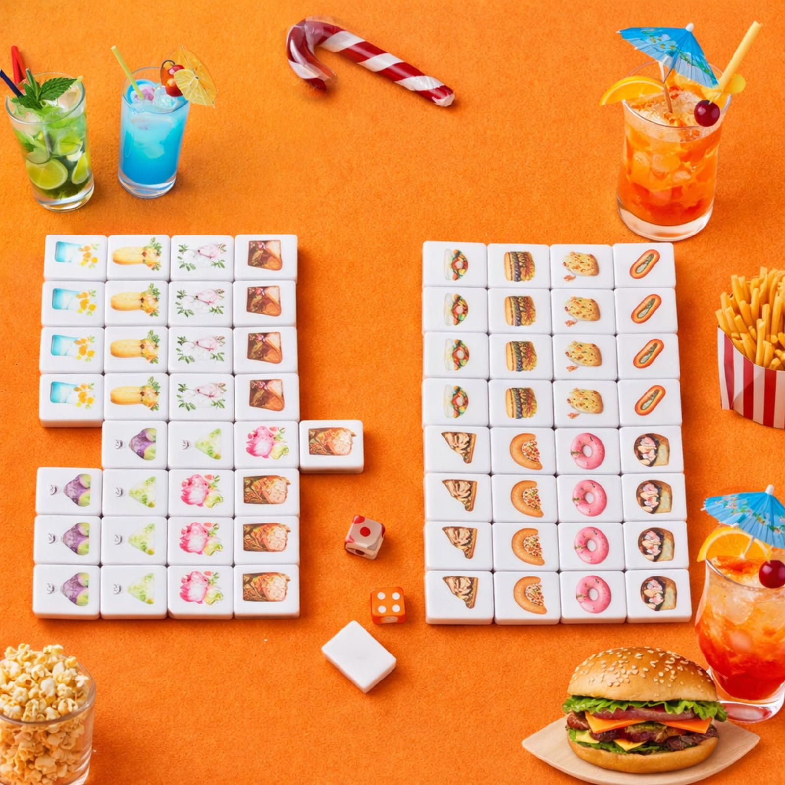 Hollowfly Juego de 65 bloques de mahjong de 30 mm con bolsas de almacenamiento para 2 jugadores, juego de mahjong, patrón de comida y bebida, no requiere bricolaje para amigos, familiares, juegos