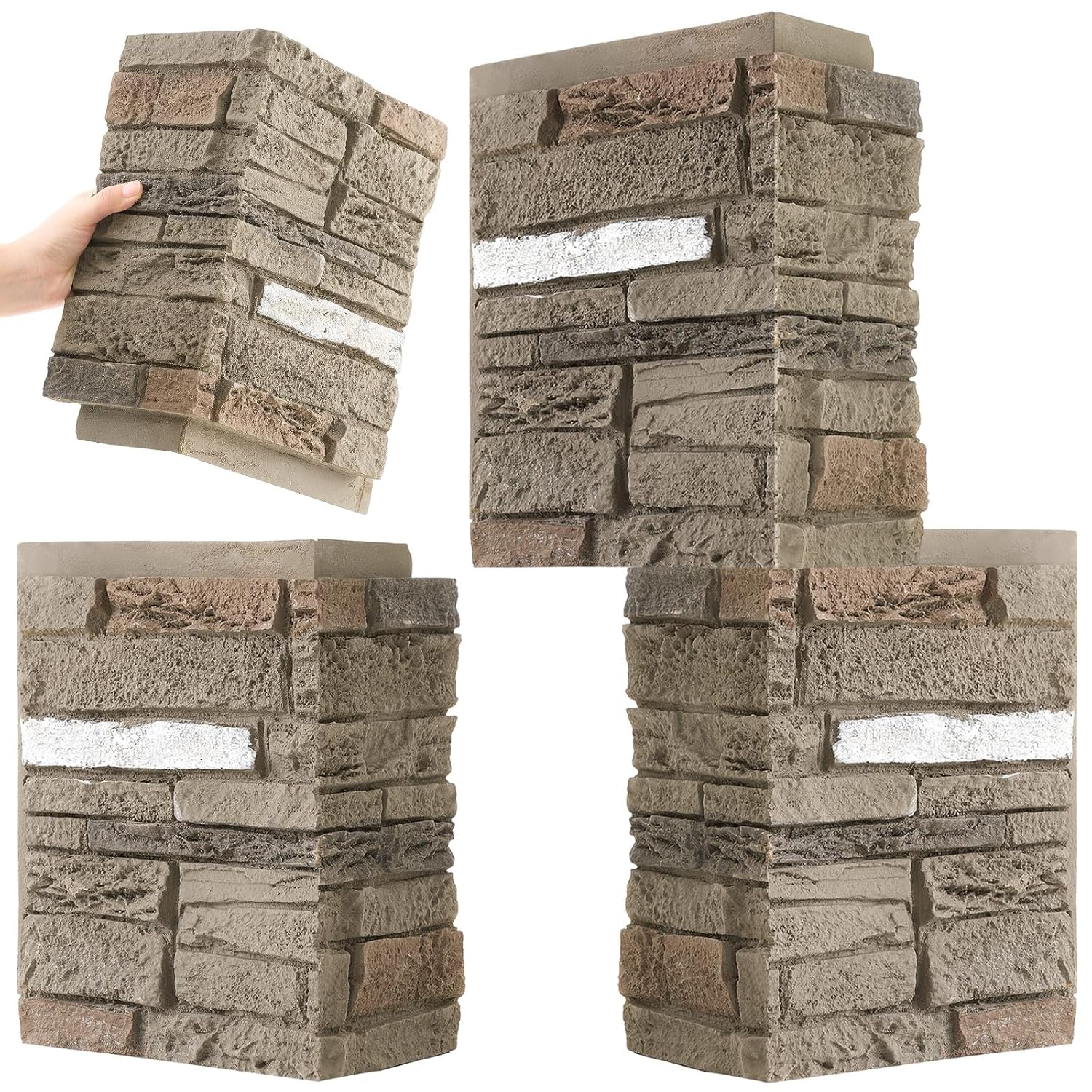 3 Pcs Faux Stone Wall Panels 90 Degree Outside Corner Kit 2.63 sq ft Artificial Stone Cover for Interior Accent Walls, Works with Standard 3D Panels(Gray)