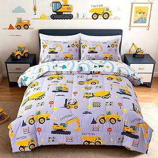 Holawakaka Construction Truck 5-Piece Full Bed-in-A-Bag Set, Boys Comforter & Sheet Set with Excavator & Tractor Print, Kids Bedding Collection, Machine Washable, Gift for Kids