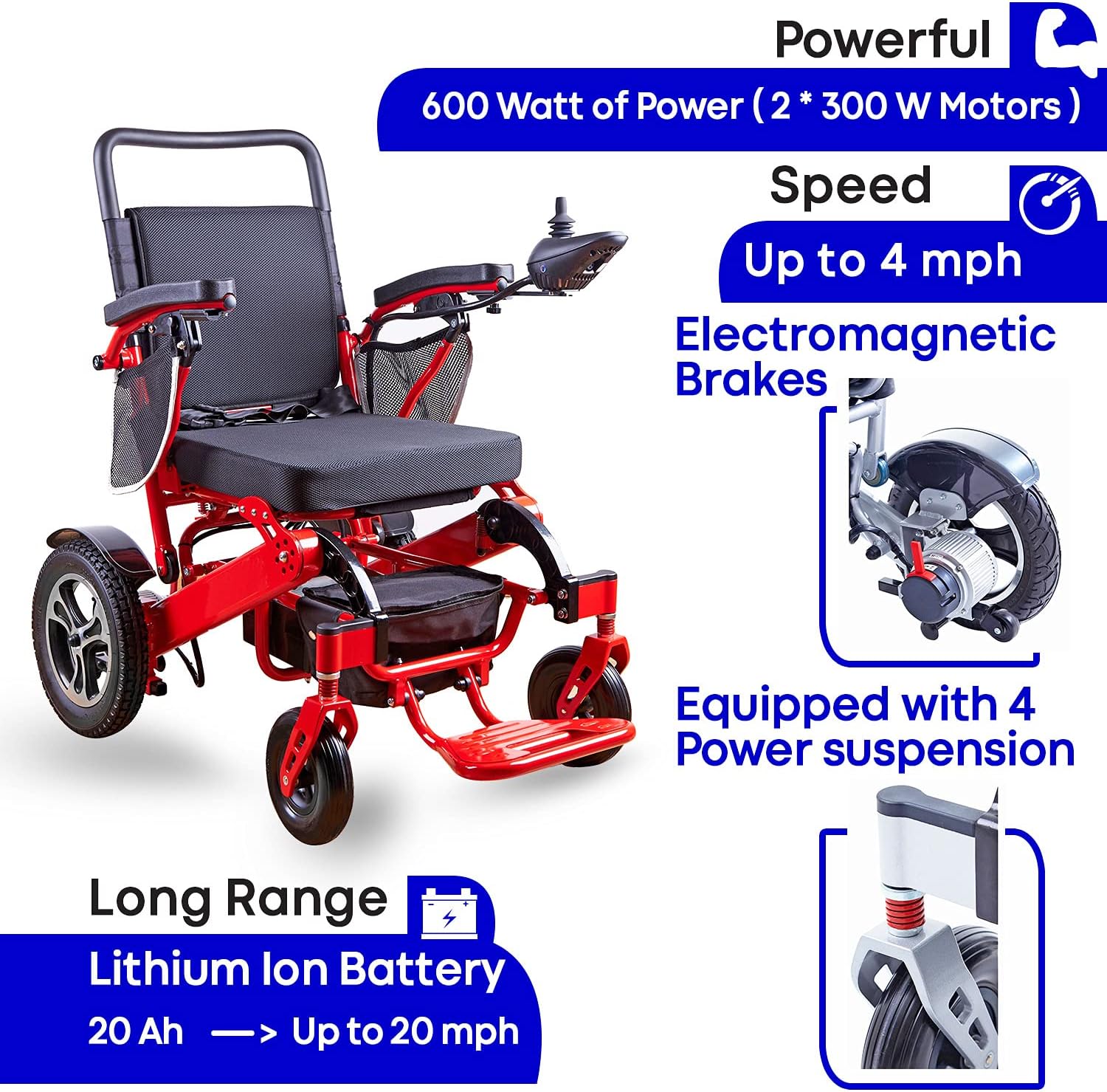 ActiWe Electric Wheelchairs for Adults –Portable Foldable Motorized Wheelchair w/ Remote Control – All Terrain Long Range (Up to 20 Miles w/ 20 AH Battery) Super Power (600 W) Wheel Chair (Red Frame) : Health & Household